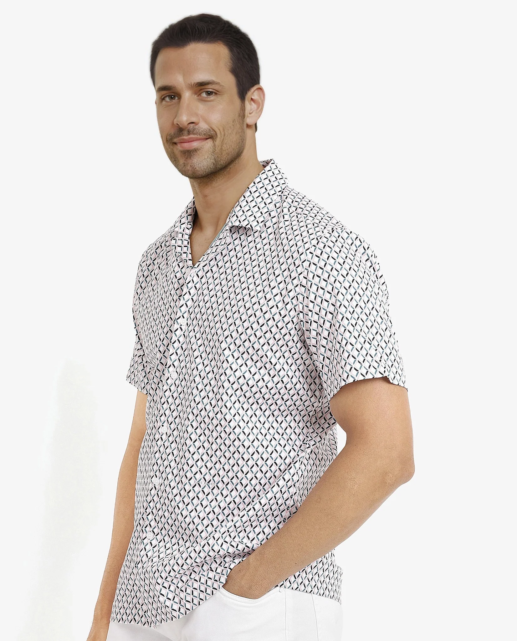 Rare Rabbit Men's Comet White Cotton Geometric Print Regular Fit Half Sleeve Cuban Collar Shirt - Image 8
