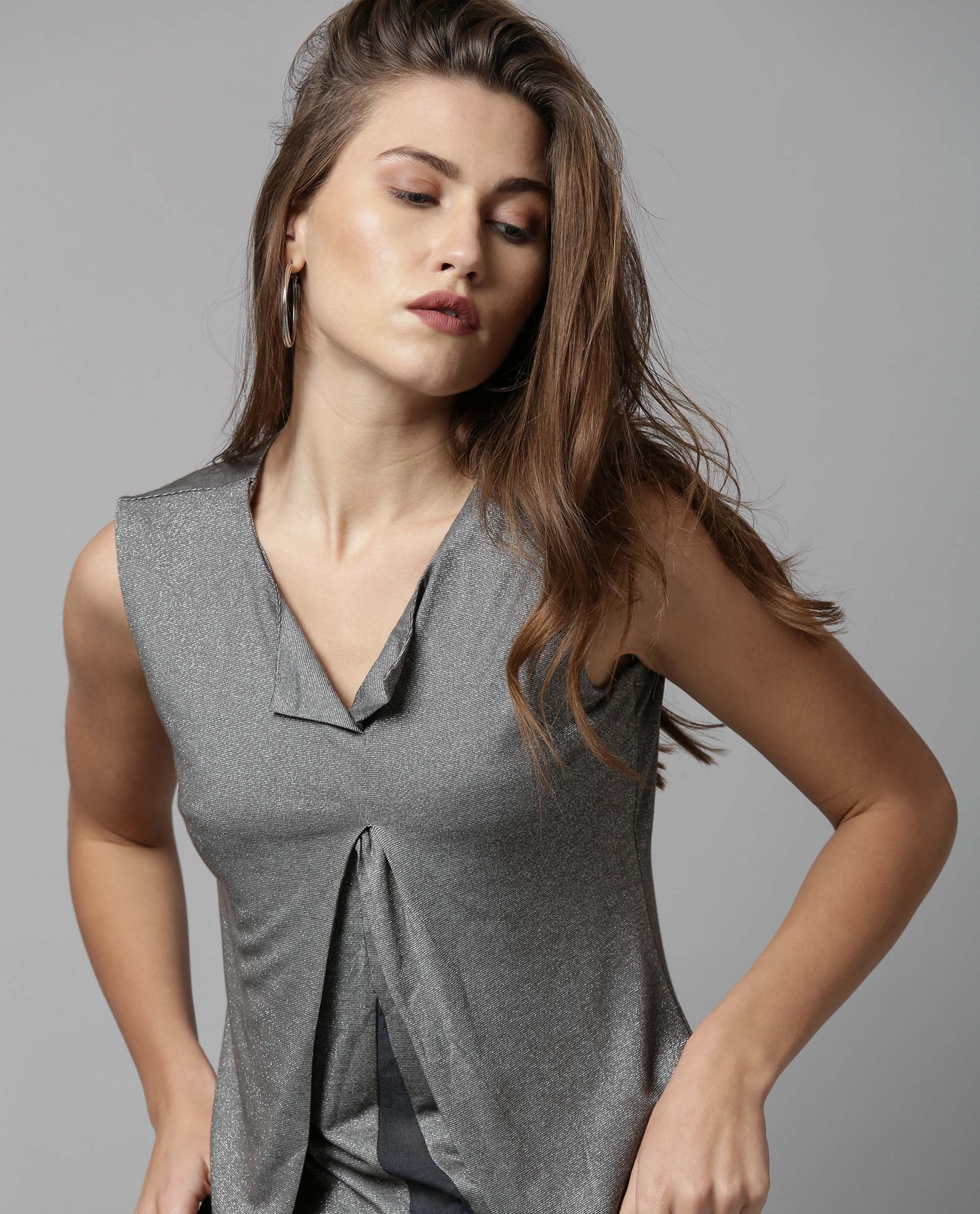 Rareism Womens Comet Grey Top Poly Rayon Blend Fabric Sleeveless Regular Fit Round Neck - Image 5