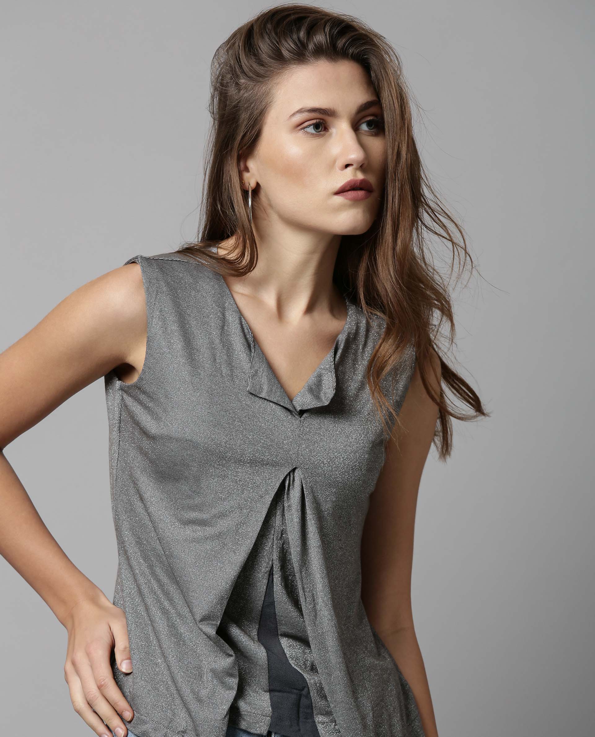 Rareism Womens Comet Grey Top Poly Rayon Blend Fabric Sleeveless Regular Fit Round Neck - Image 6