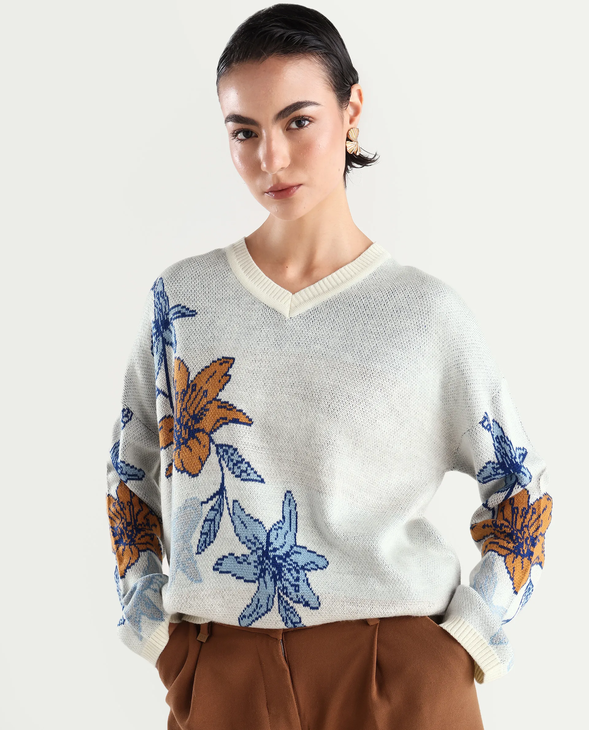Rareism Women's Cometry Off White Acrylic V-Neck Floral Print Relaxed Fit Sweater