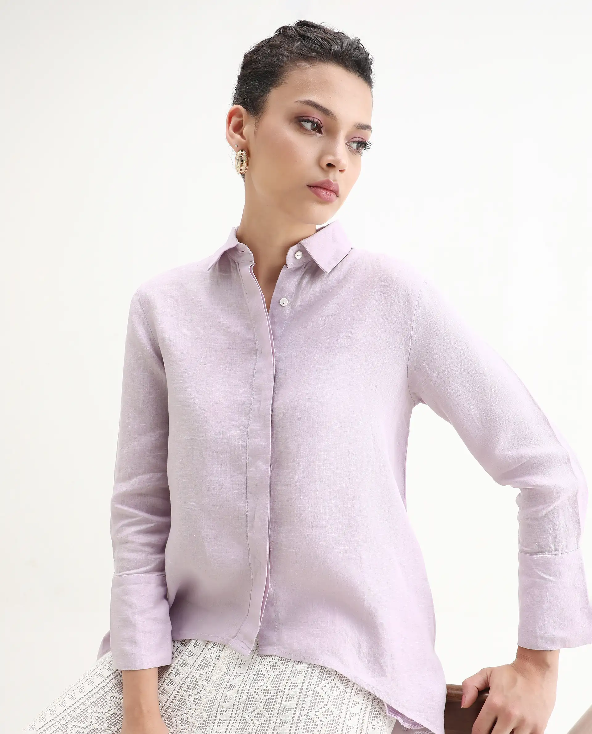 Rareism Women's Comfo Purple Linen Spread Collar Plain Relaxed Fit Top
