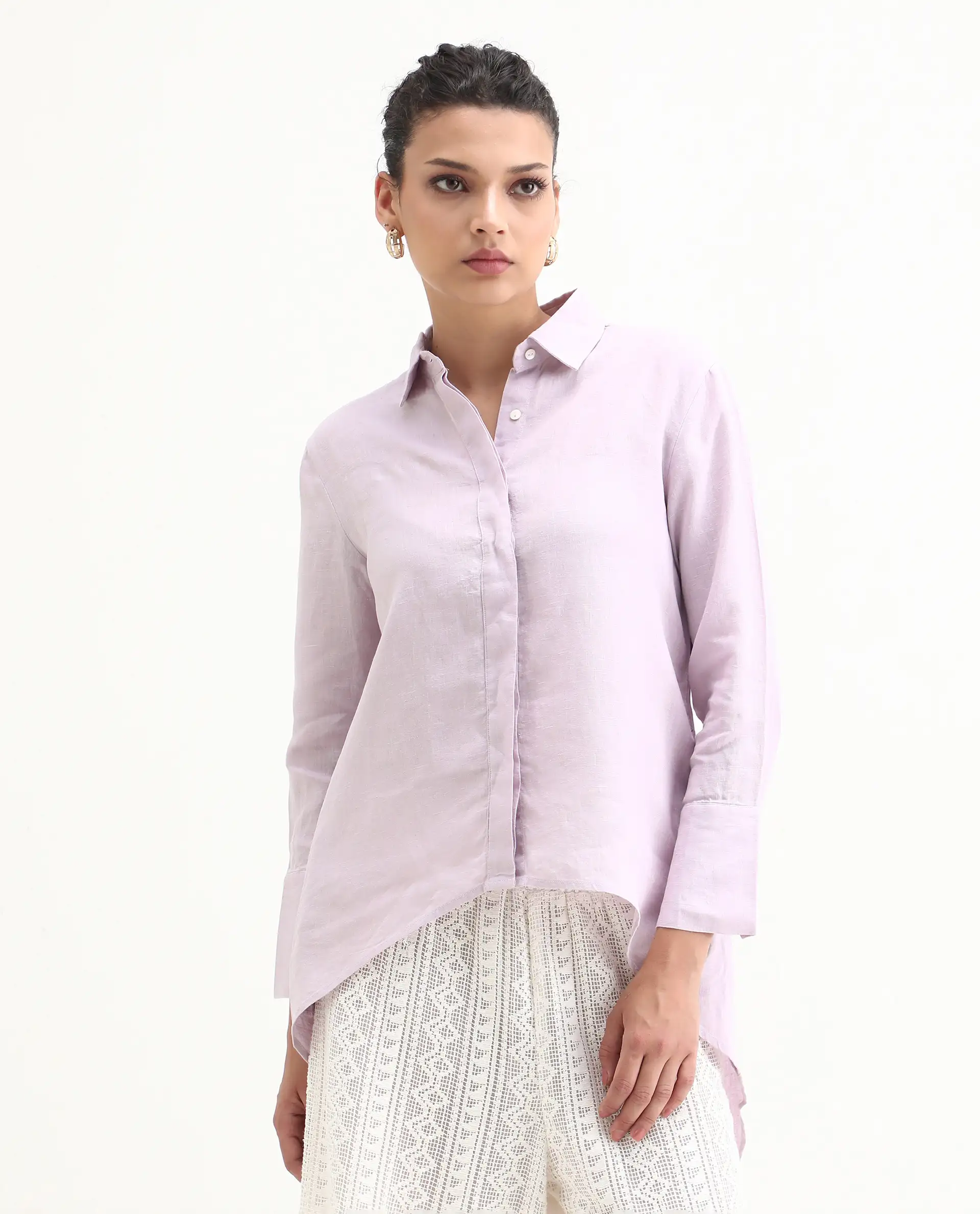 Rareism Women's Comfo Purple Linen Spread Collar Plain Relaxed Fit Top - Image 4