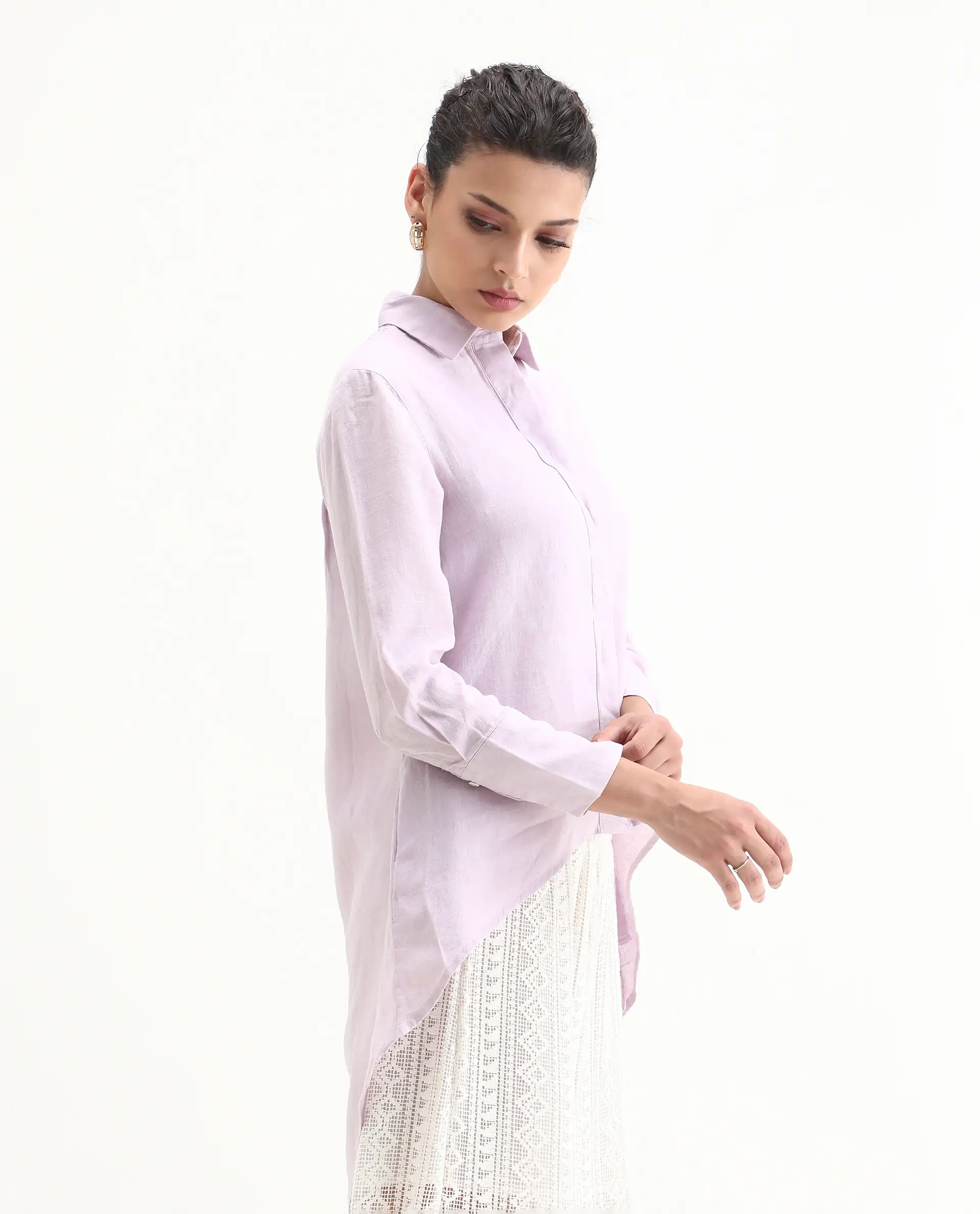 Rareism Women's Comfo Purple Linen Spread Collar Plain Relaxed Fit Top - Image 5