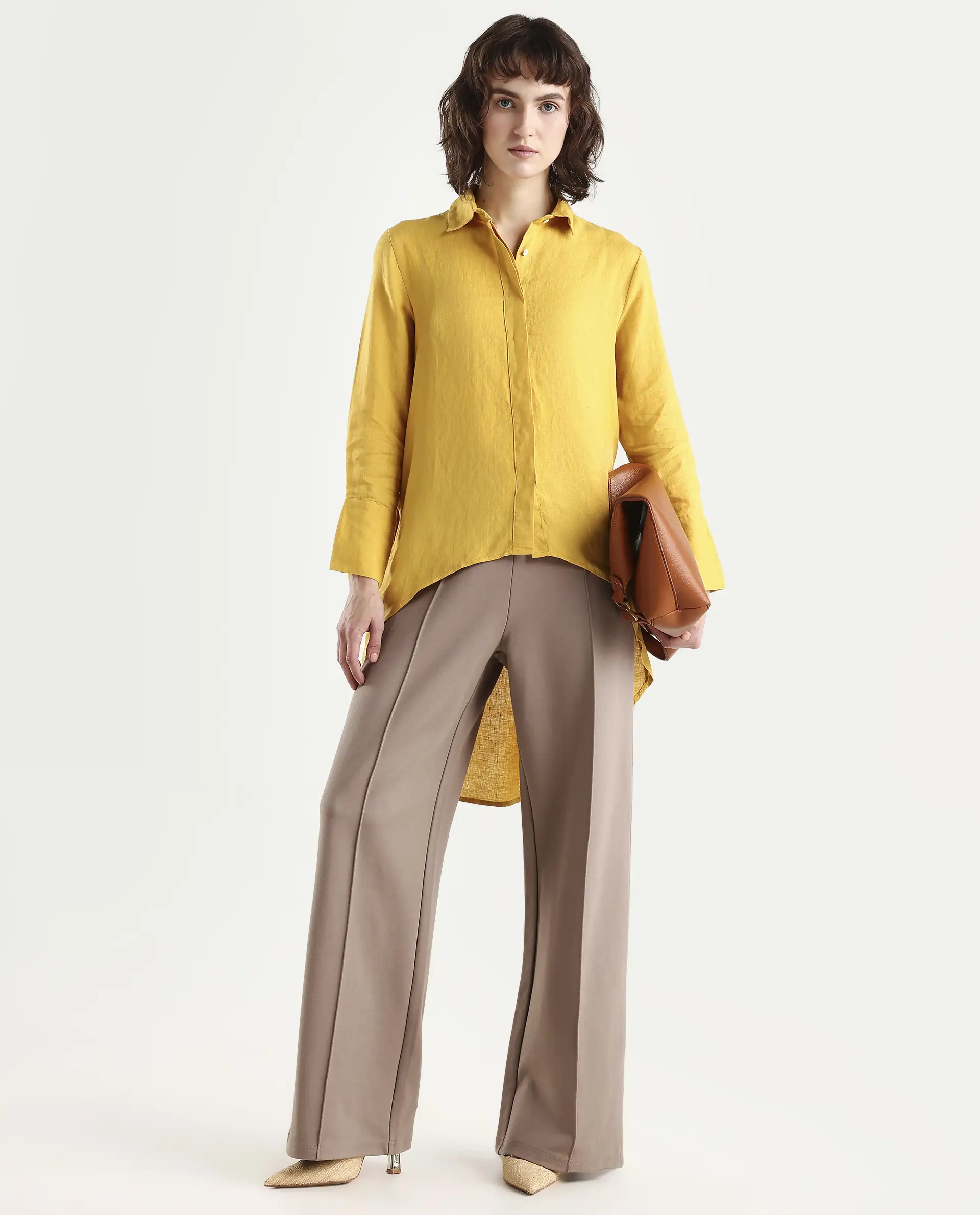 Rareism Women's Comfo Yellow Linen Spread Collar Plain Relaxed Fit Top - Image 2
