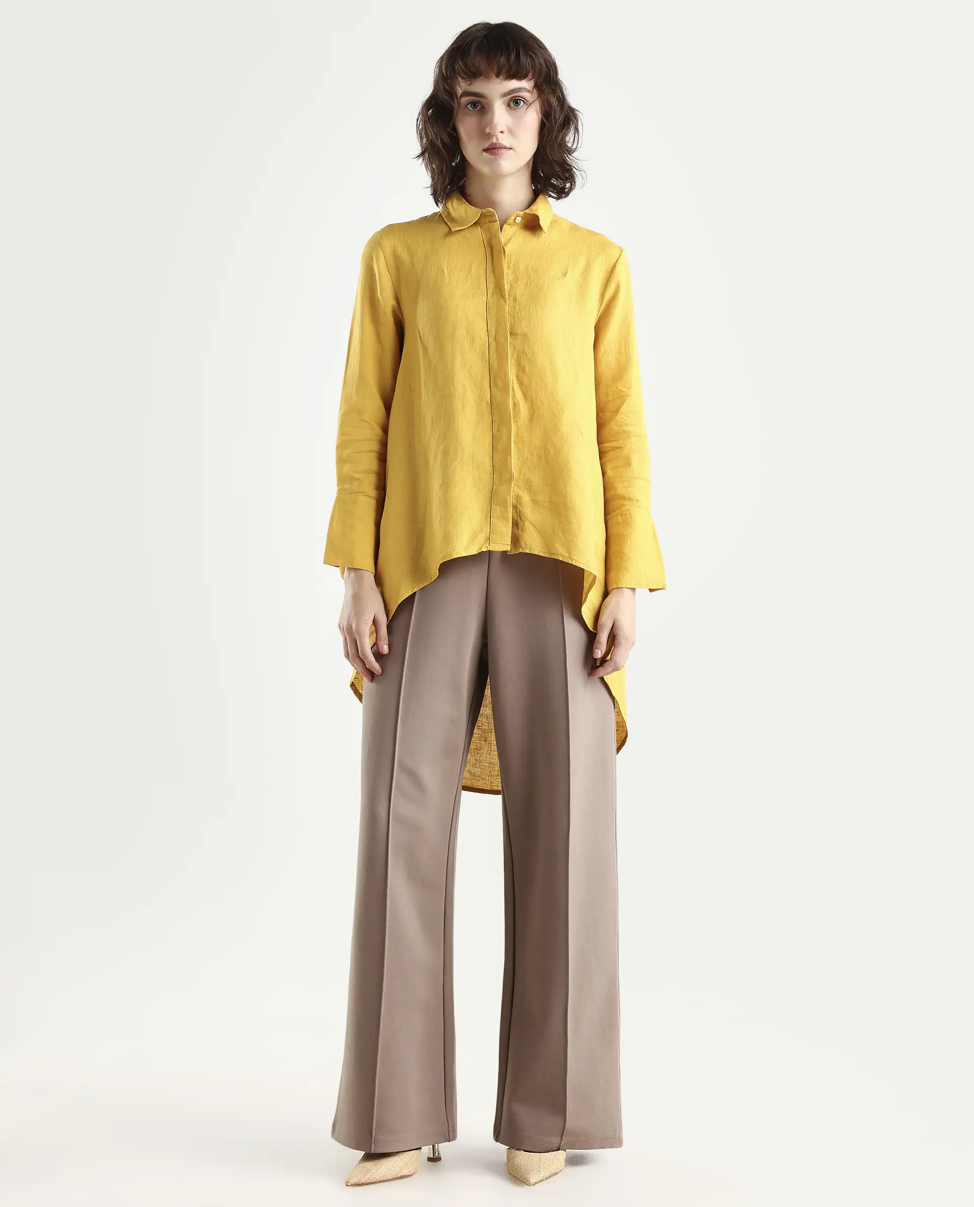 Rareism Women's Comfo Yellow Linen Spread Collar Plain Relaxed Fit Top - Image 3