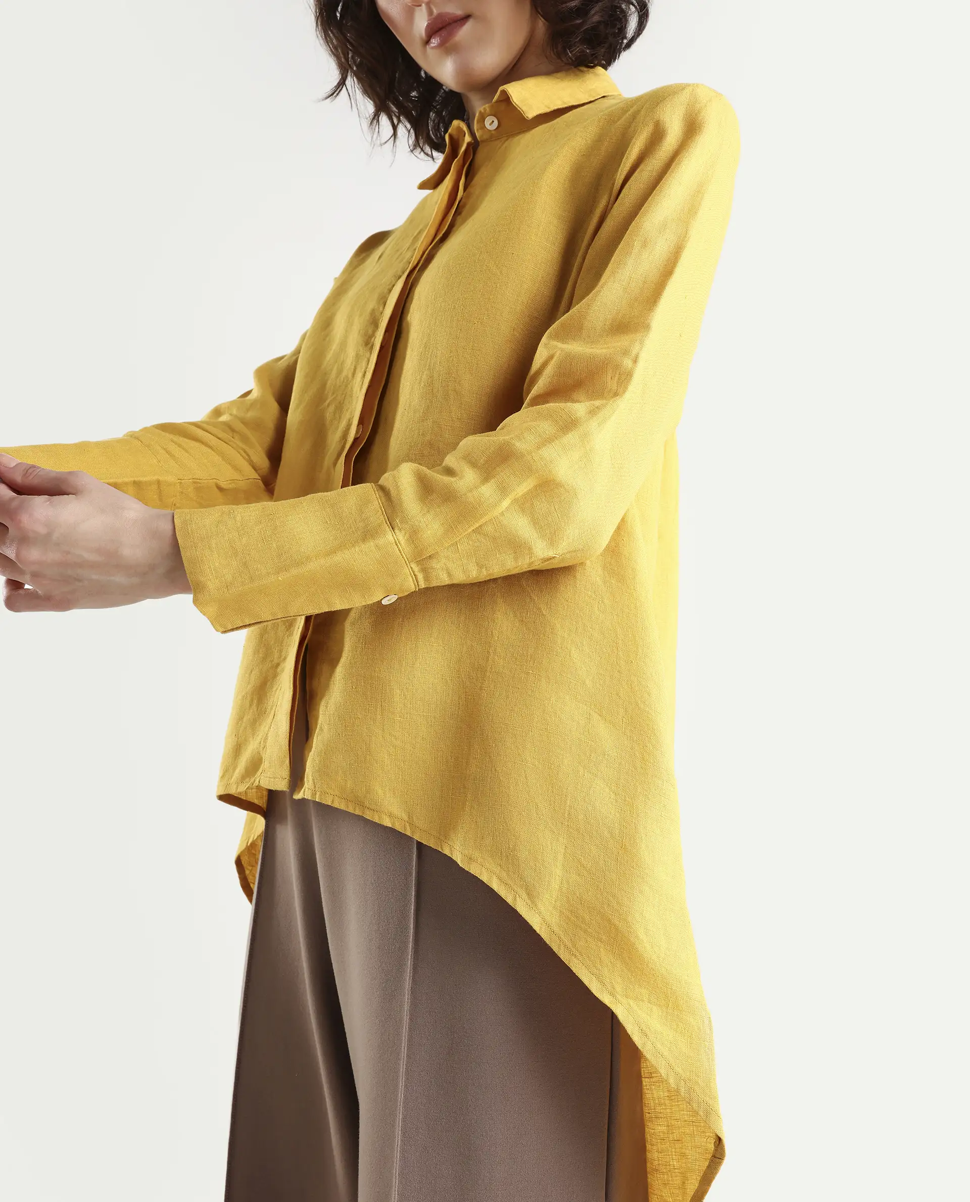 Rareism Women's Comfo Yellow Linen Spread Collar Plain Relaxed Fit Top - Image 4