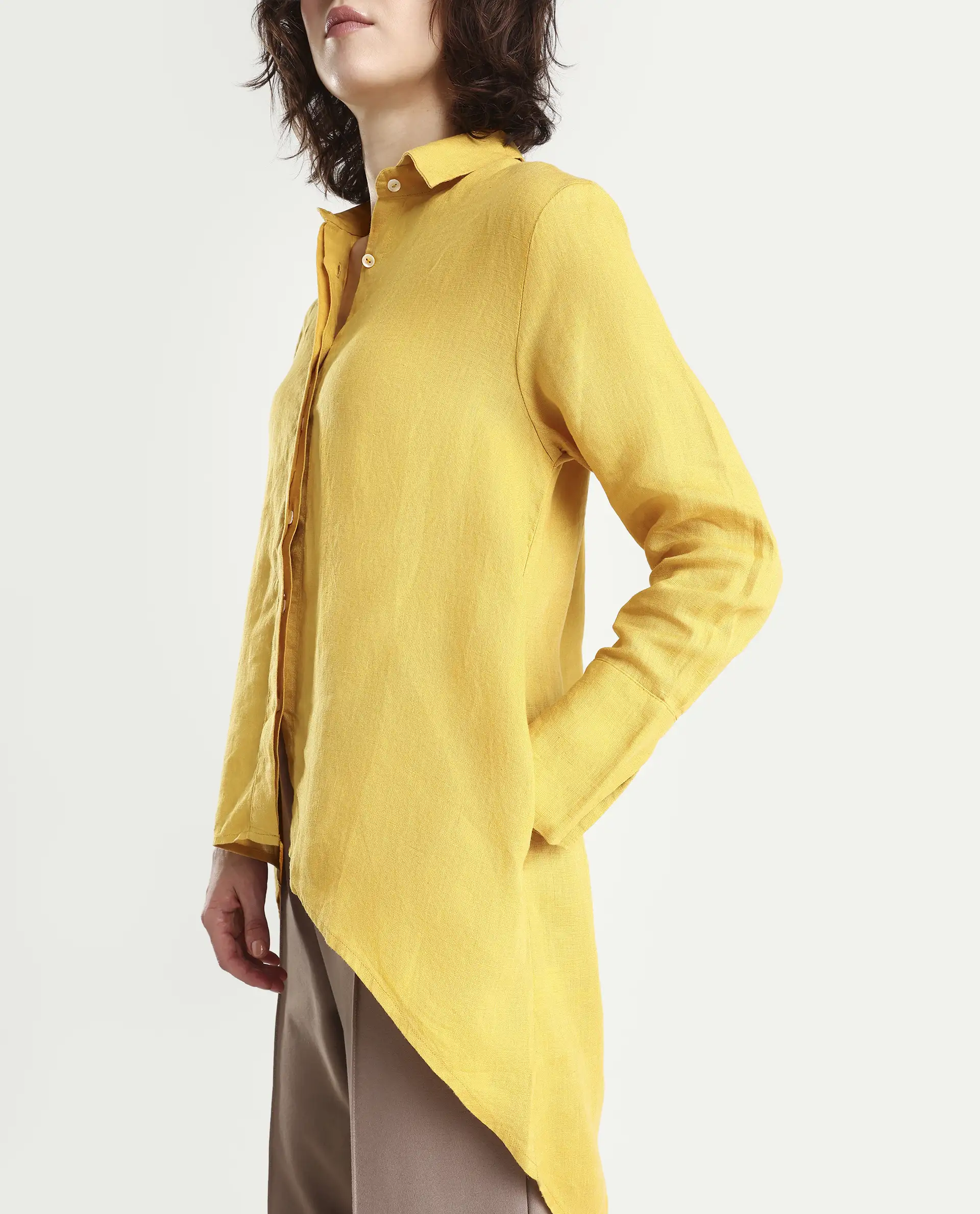 Rareism Women's Comfo Yellow Linen Spread Collar Plain Relaxed Fit Top - Image 5