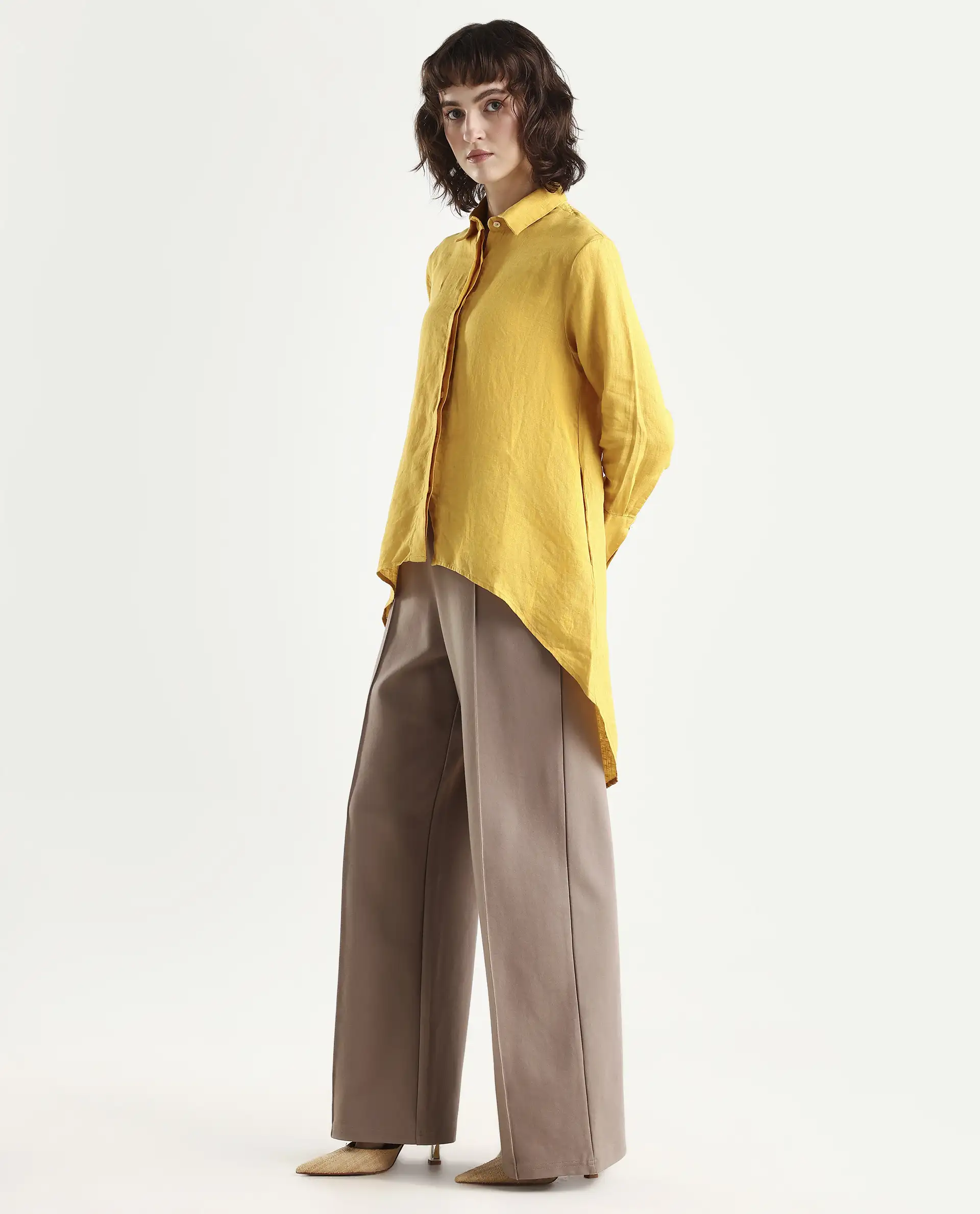Rareism Women's Comfo Yellow Linen Spread Collar Plain Relaxed Fit Top - Image 6