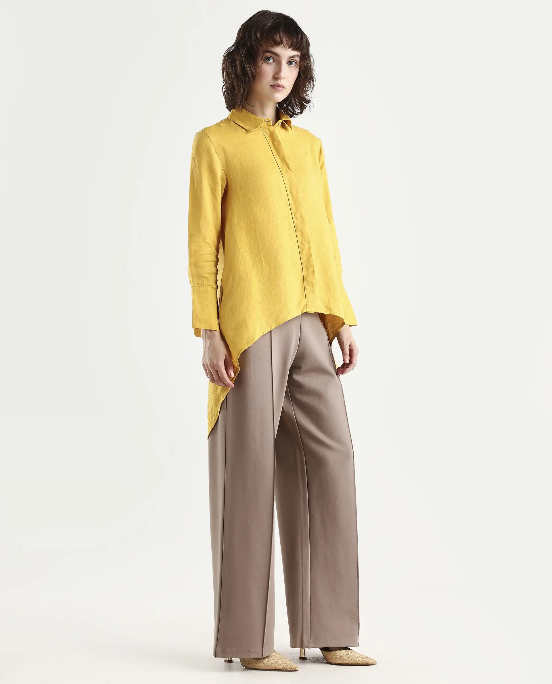 Rareism Women's Comfo Yellow Linen Spread Collar Plain Relaxed Fit Top - Image 7