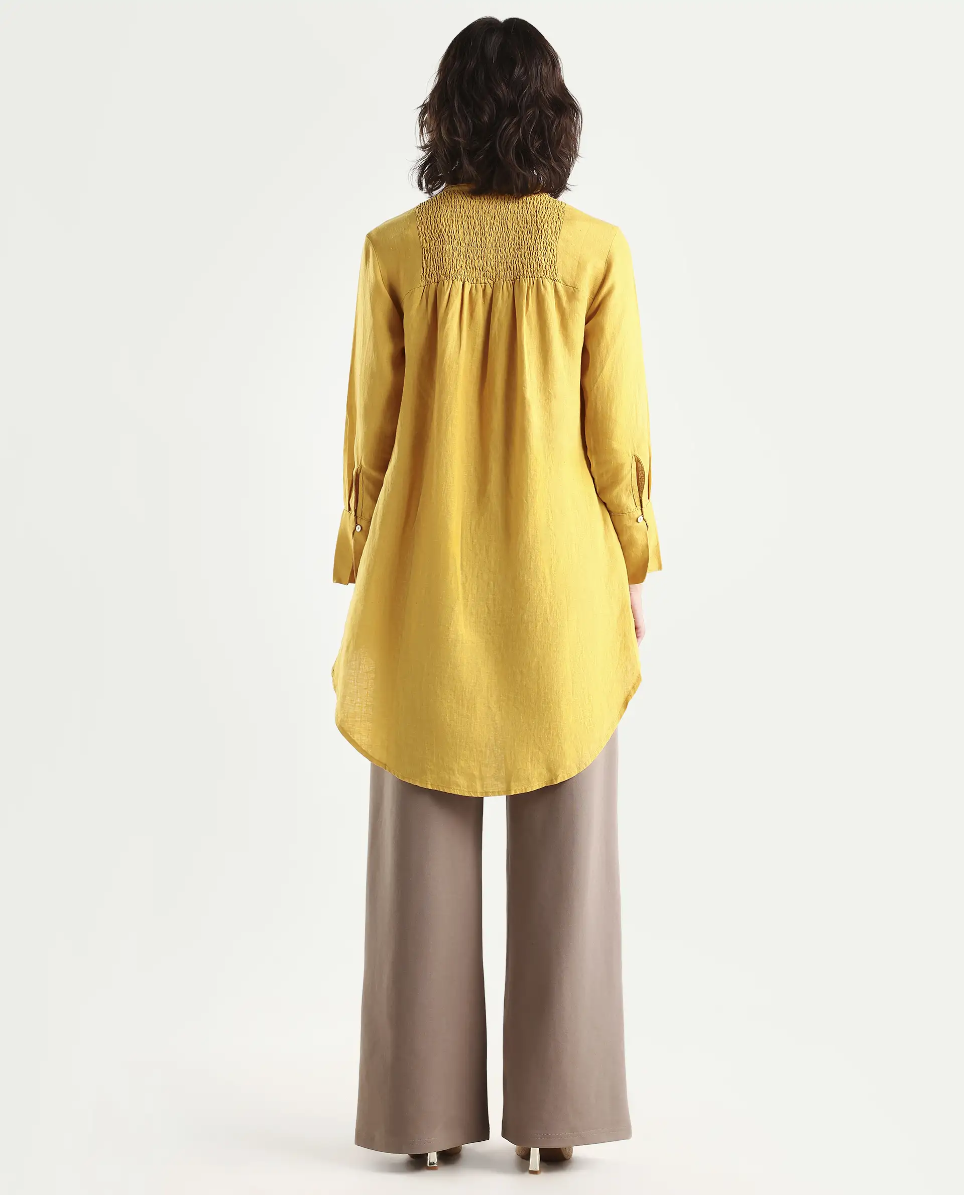 Rareism Women's Comfo Yellow Linen Spread Collar Plain Relaxed Fit Top - Image 8