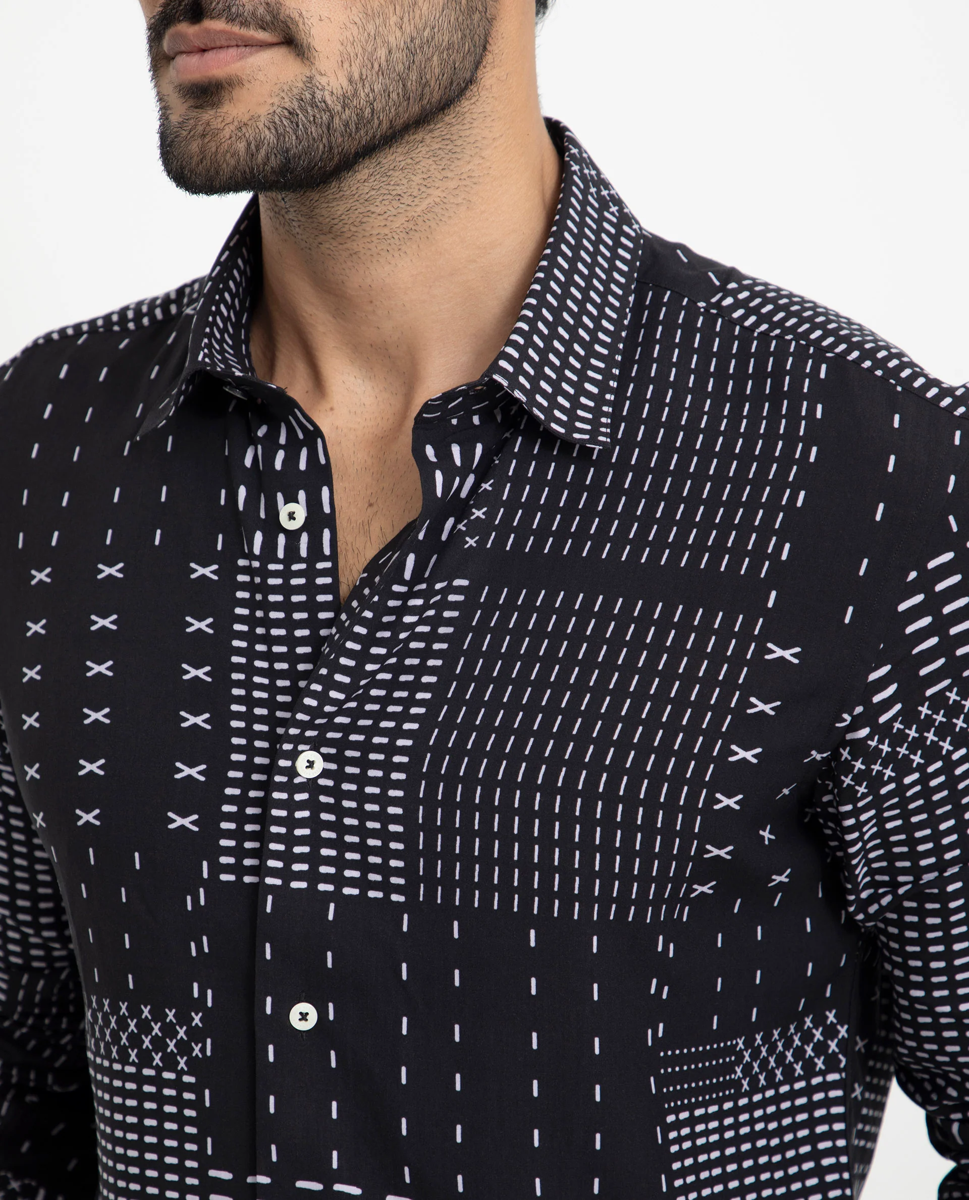 Rare Rabbit Men's Comica Black Viscose Geometric Print Regular Fit Full Sleeve Collared Shirt - Image 4