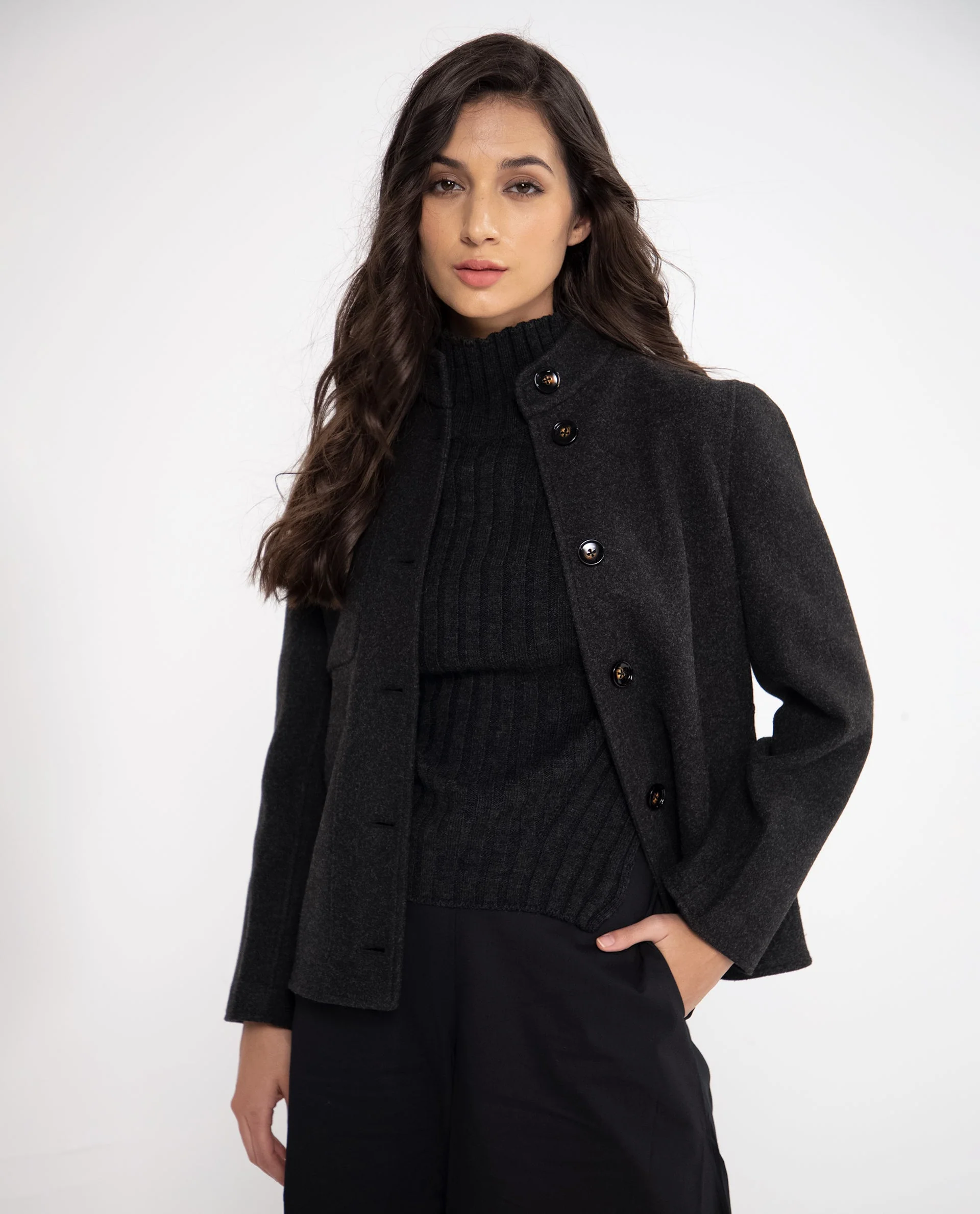 Rareism Women's Comico Black Polyester Mandarin Collar Plain Regular Fit Jacket