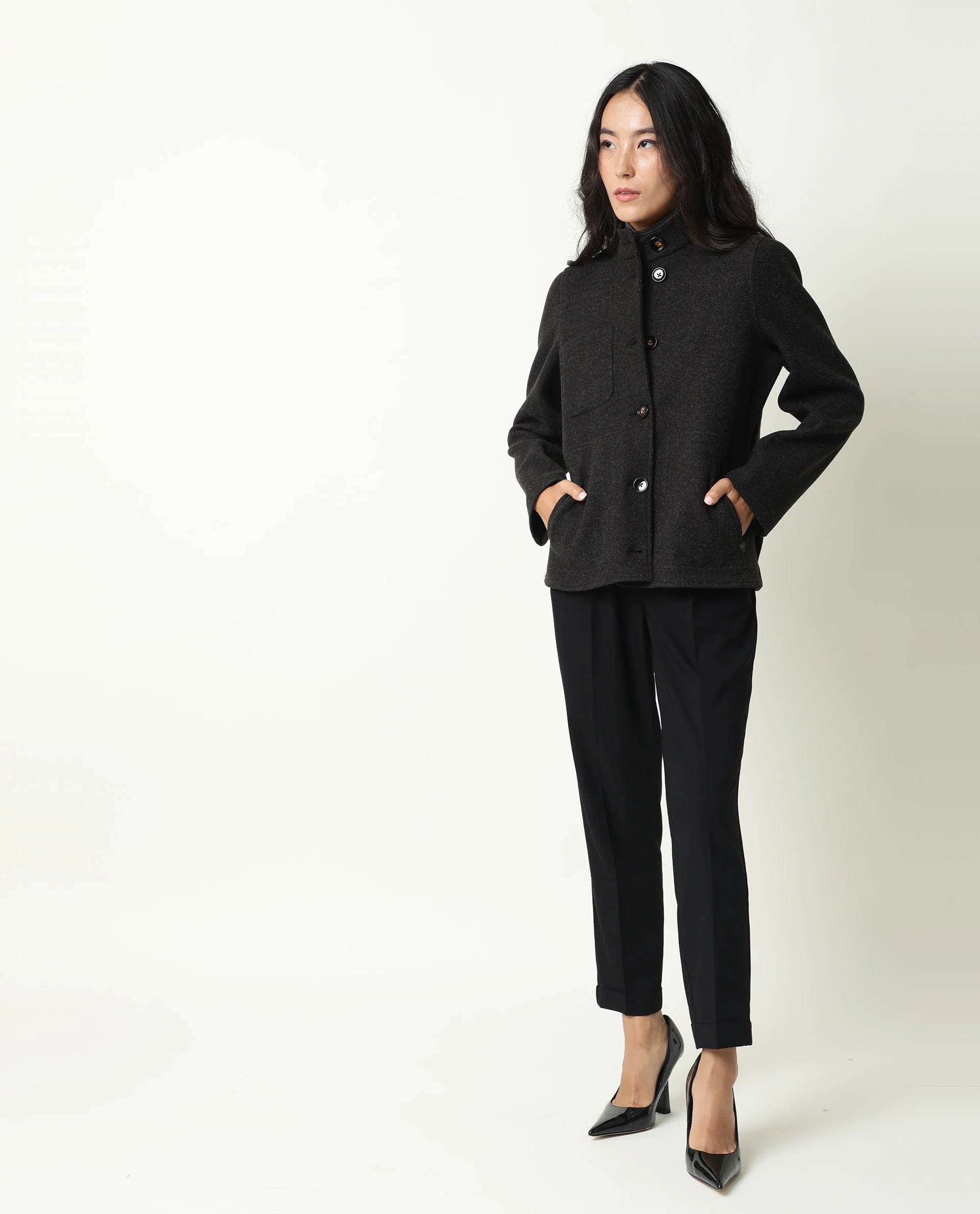 Rareism Women's Comico Black Polyester Mandarin Collar Plain Regular Fit Jacket - Image 3