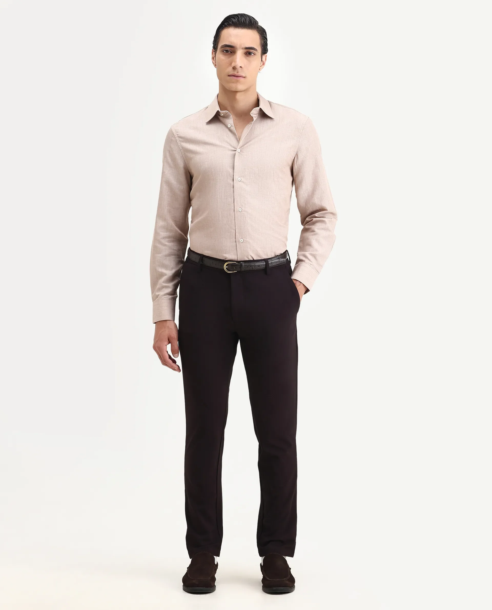 Rare Rabbit Men's Commas Light Beige Linen Blend Plain Regular Fit Full Sleeve Collared Shirt - Image 2
