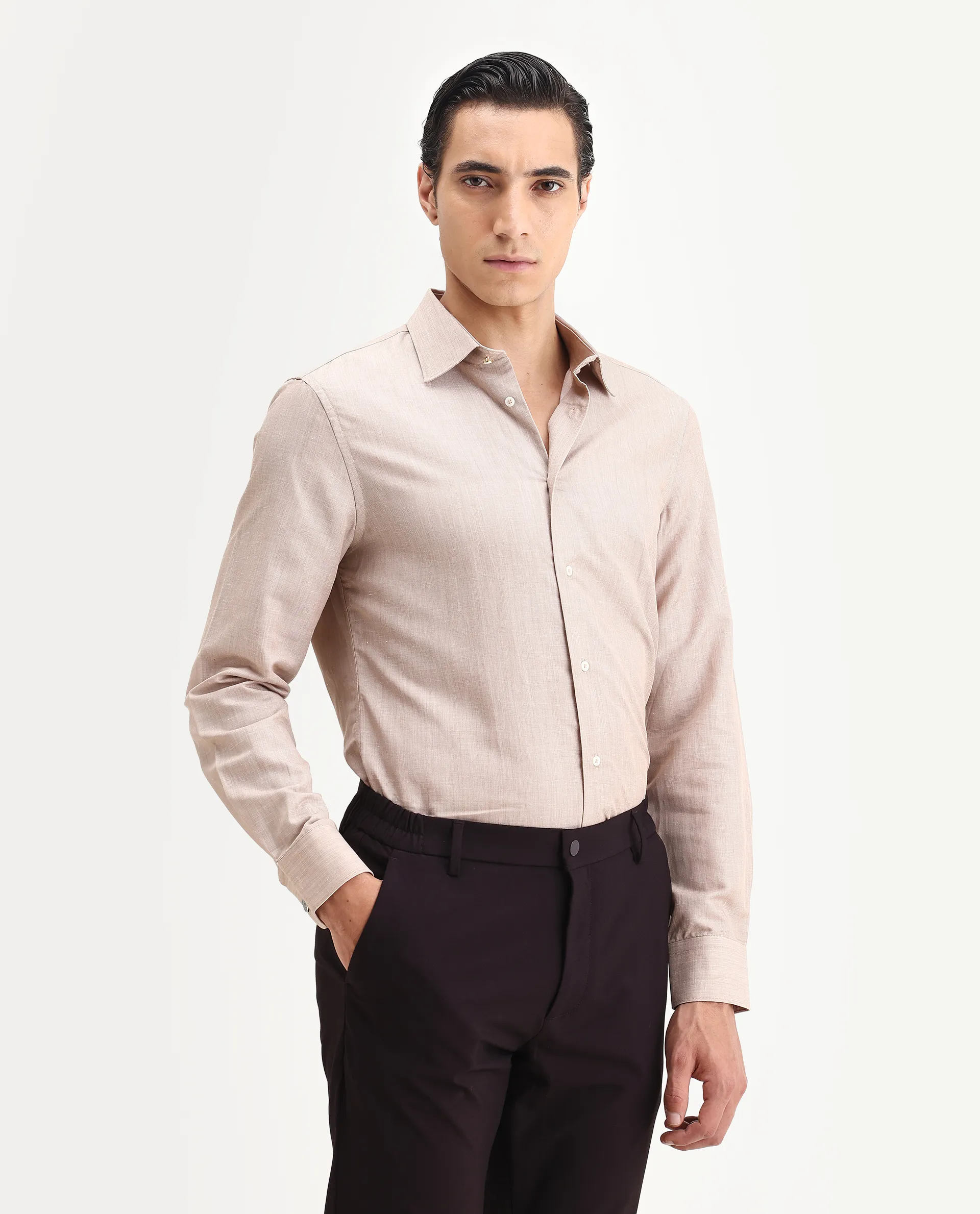 Rare Rabbit Men's Commas Light Beige Linen Blend Plain Regular Fit Full Sleeve Collared Shirt - Image 4
