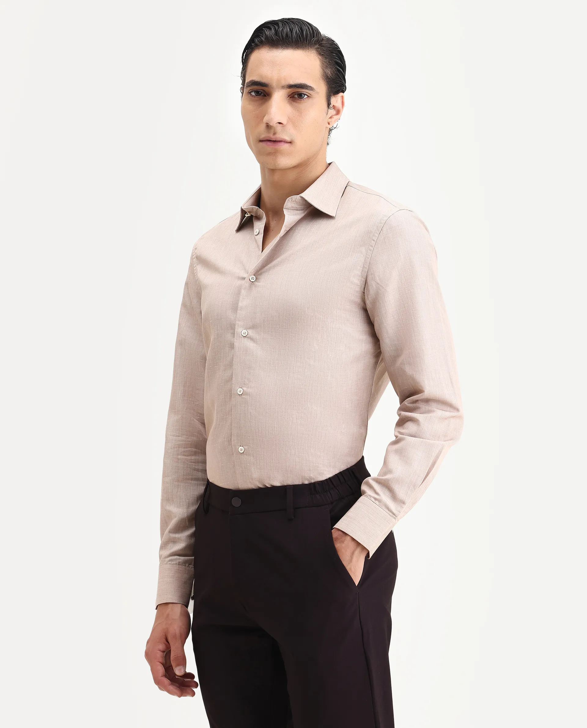 Rare Rabbit Men's Commas Light Beige Linen Blend Plain Regular Fit Full Sleeve Collared Shirt - Image 5