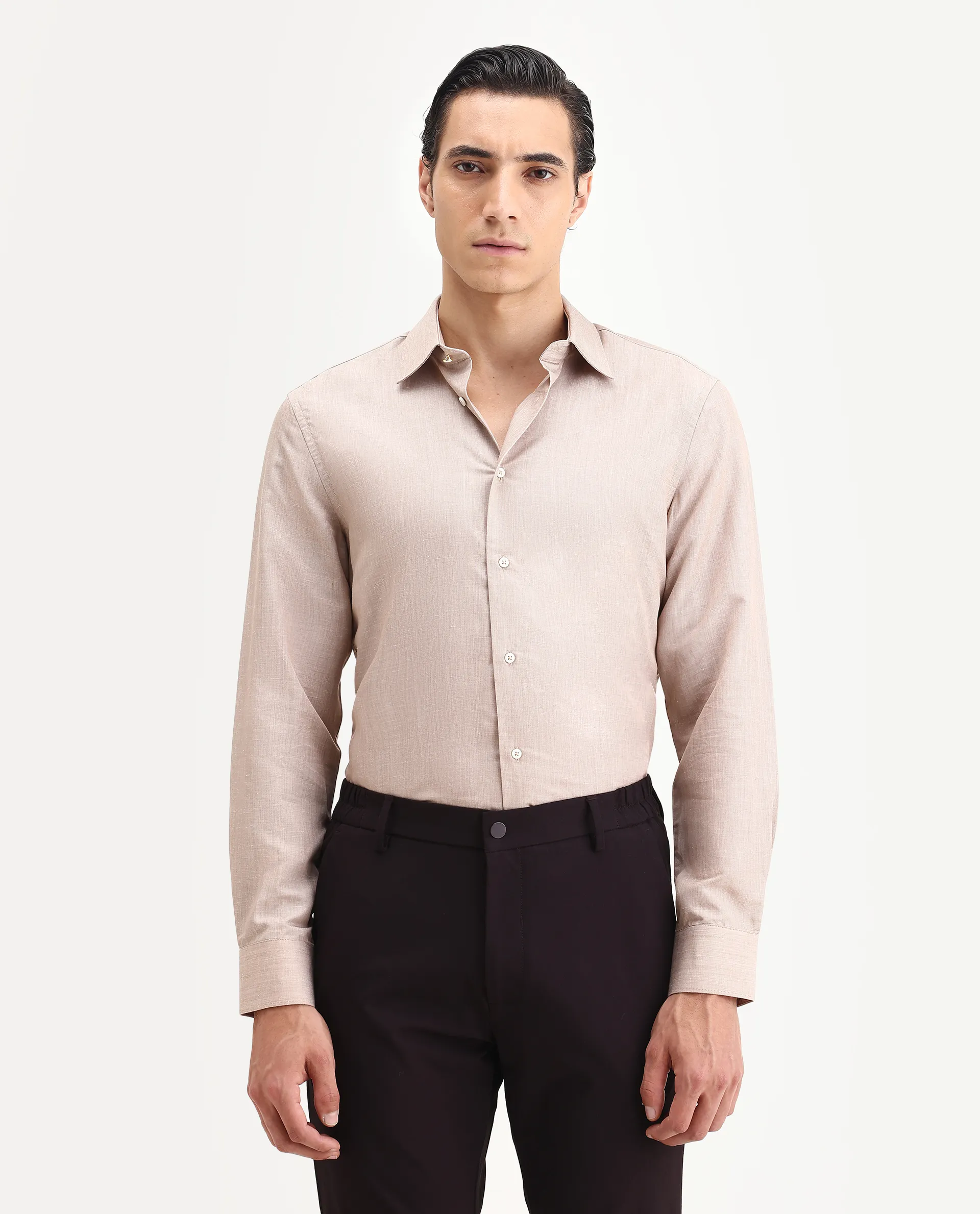 Rare Rabbit Men's Commas Light Beige Linen Blend Plain Regular Fit Full Sleeve Collared Shirt - Image 7
