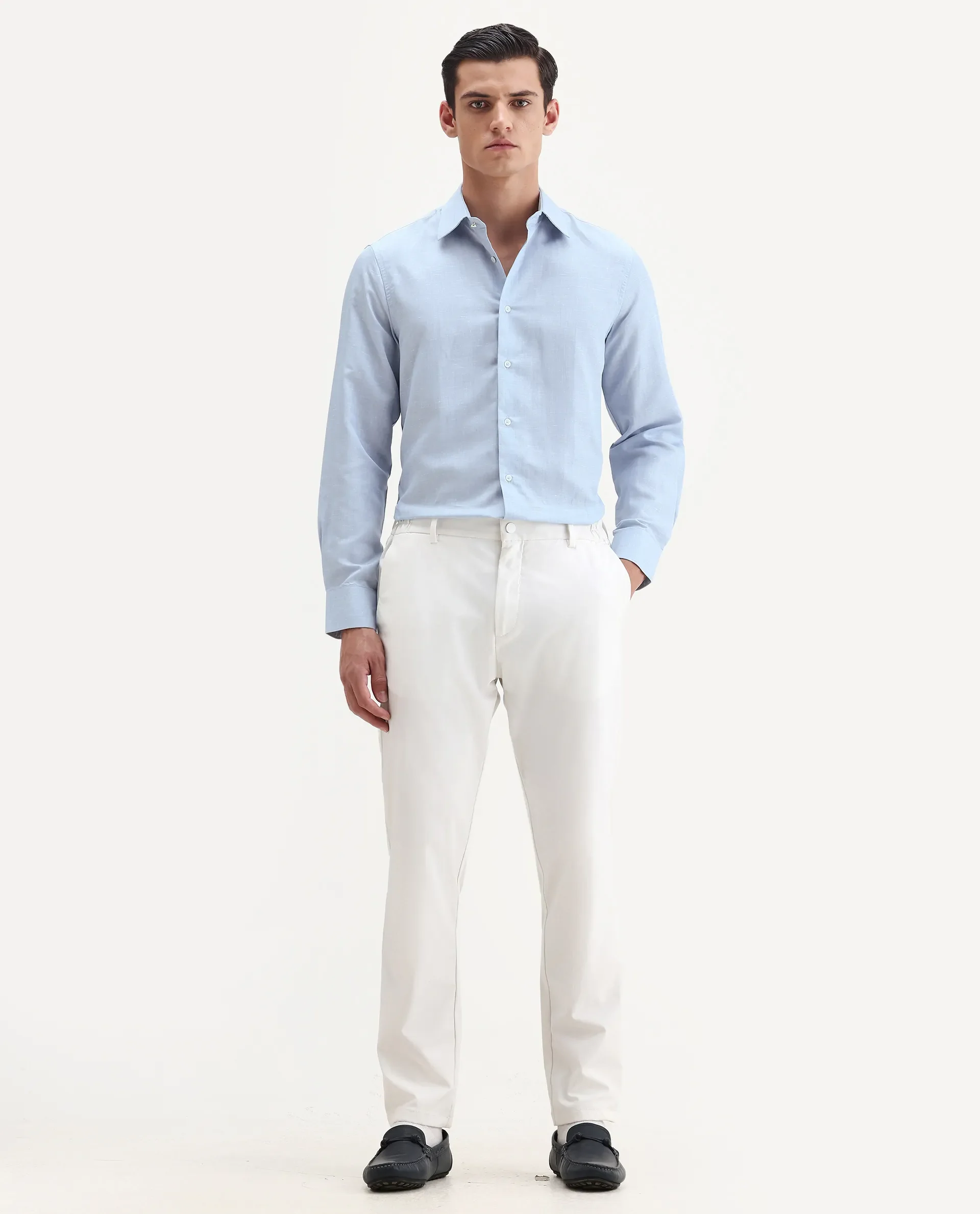 Rare Rabbit Men's Commas Light Blue Linen Blend Plain Regular Fit Full Sleeve Collared Shirt - Image 2