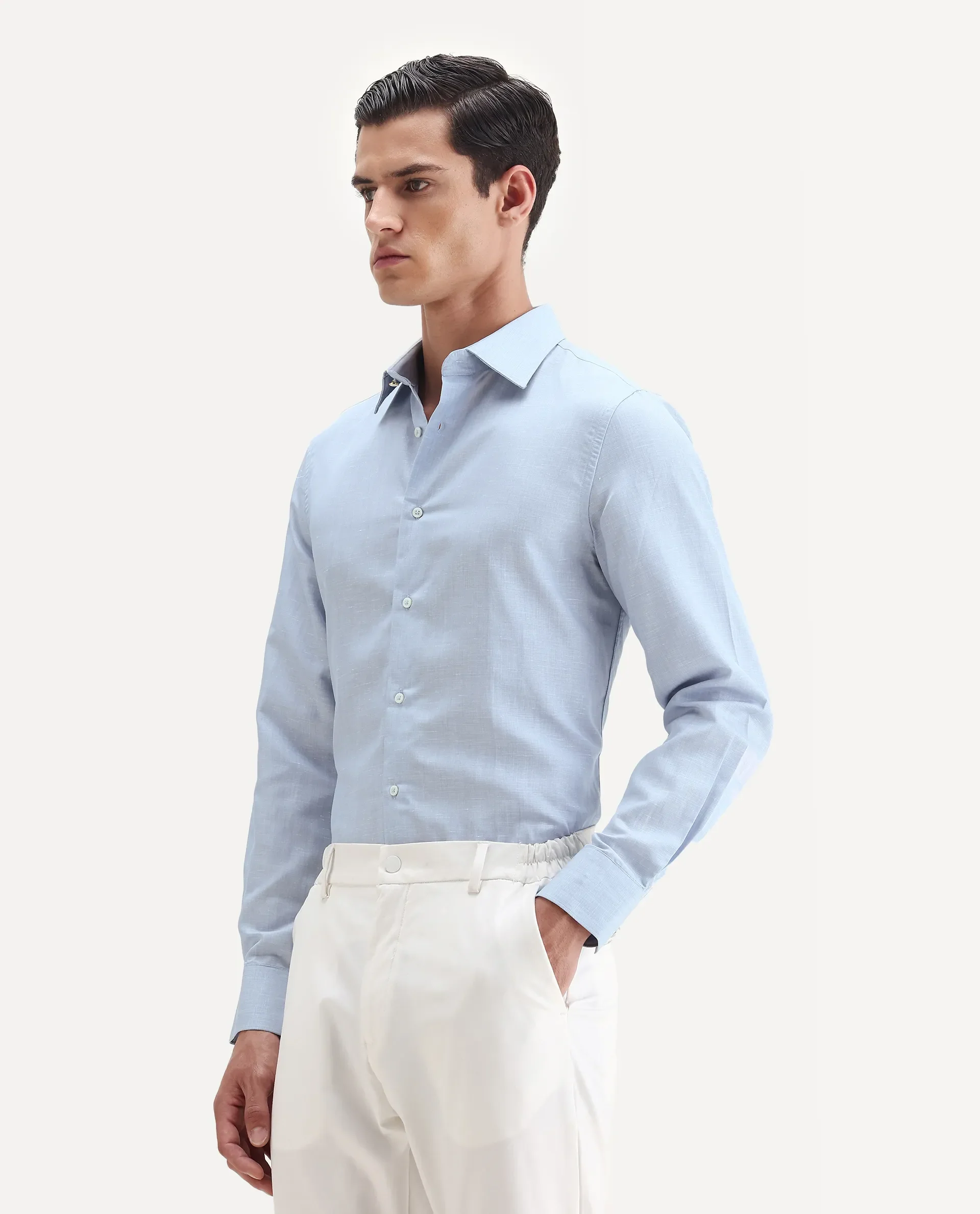 Rare Rabbit Men's Commas Light Blue Linen Blend Plain Regular Fit Full Sleeve Collared Shirt - Image 4