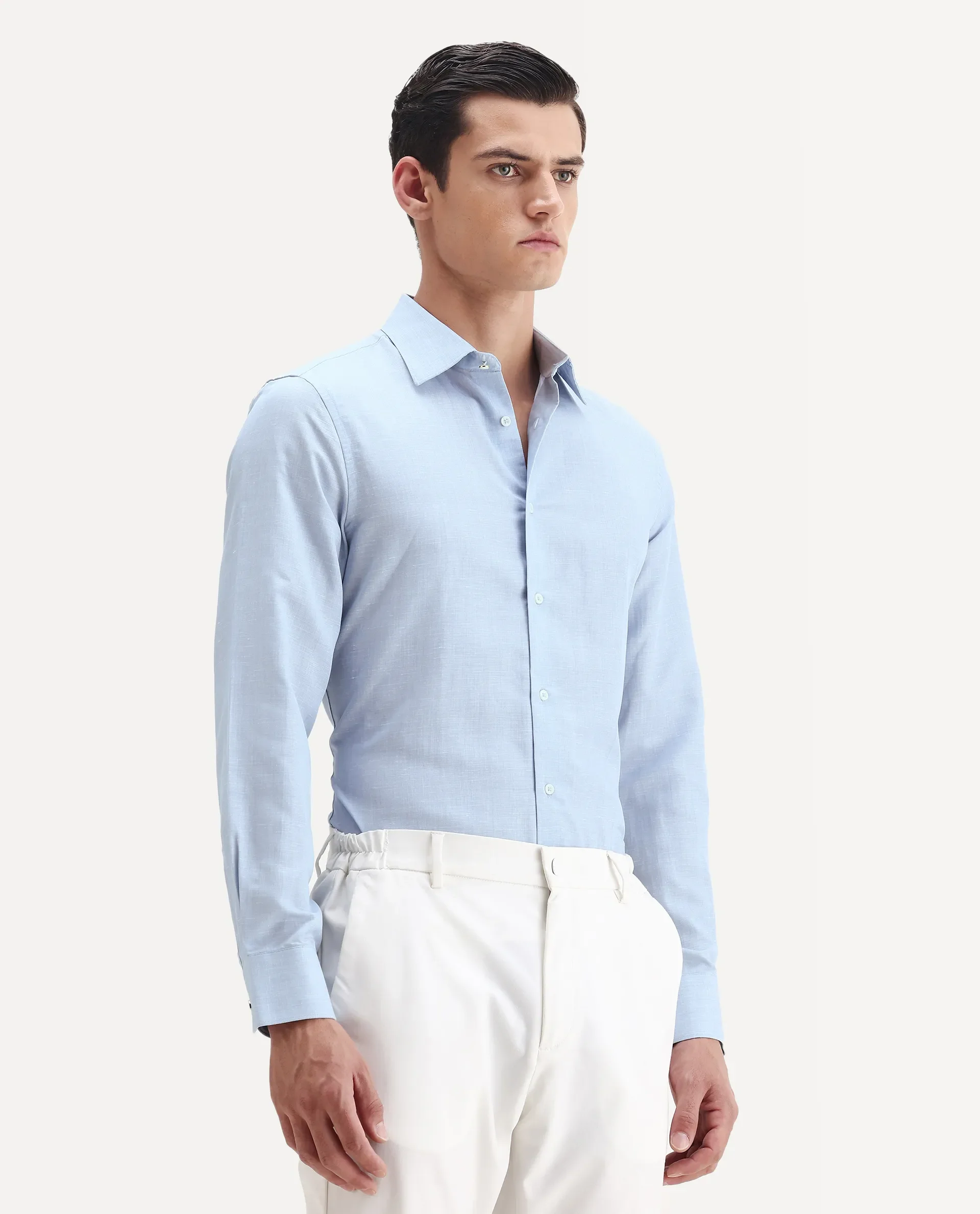 Rare Rabbit Men's Commas Light Blue Linen Blend Plain Regular Fit Full Sleeve Collared Shirt - Image 5