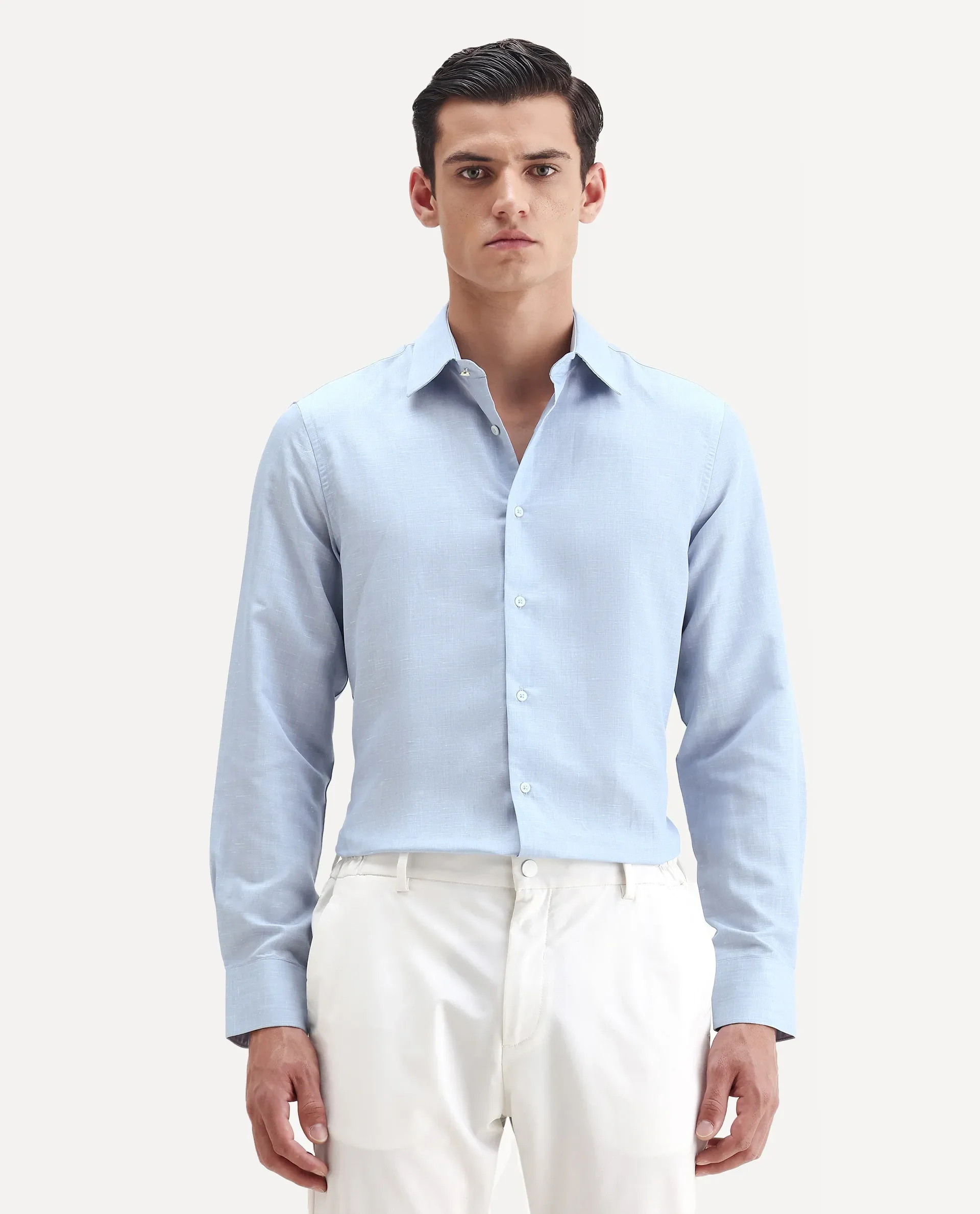 Rare Rabbit Men's Commas Light Blue Linen Blend Plain Regular Fit Full Sleeve Collared Shirt - Image 7