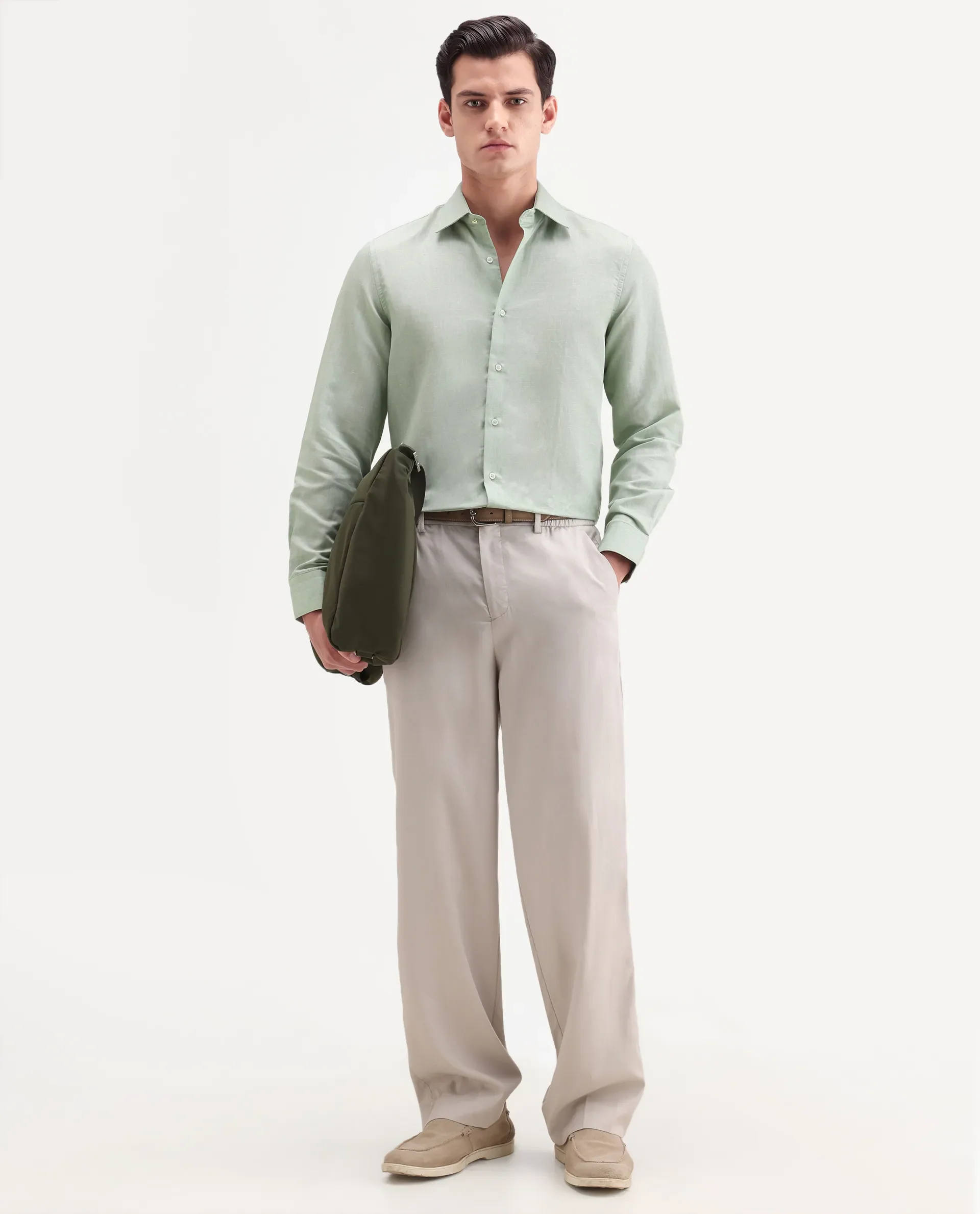 Rare Rabbit Men's Commas Light Green Linen Blend Plain Regular Fit Full Sleeve Collared Shirt - Image 2