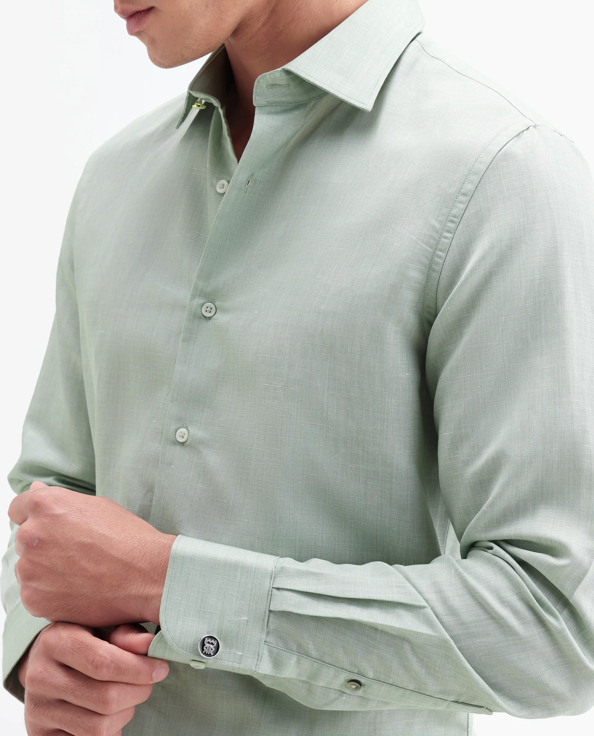 Rare Rabbit Men's Commas Light Green Linen Blend Plain Regular Fit Full Sleeve Collared Shirt - Image 3