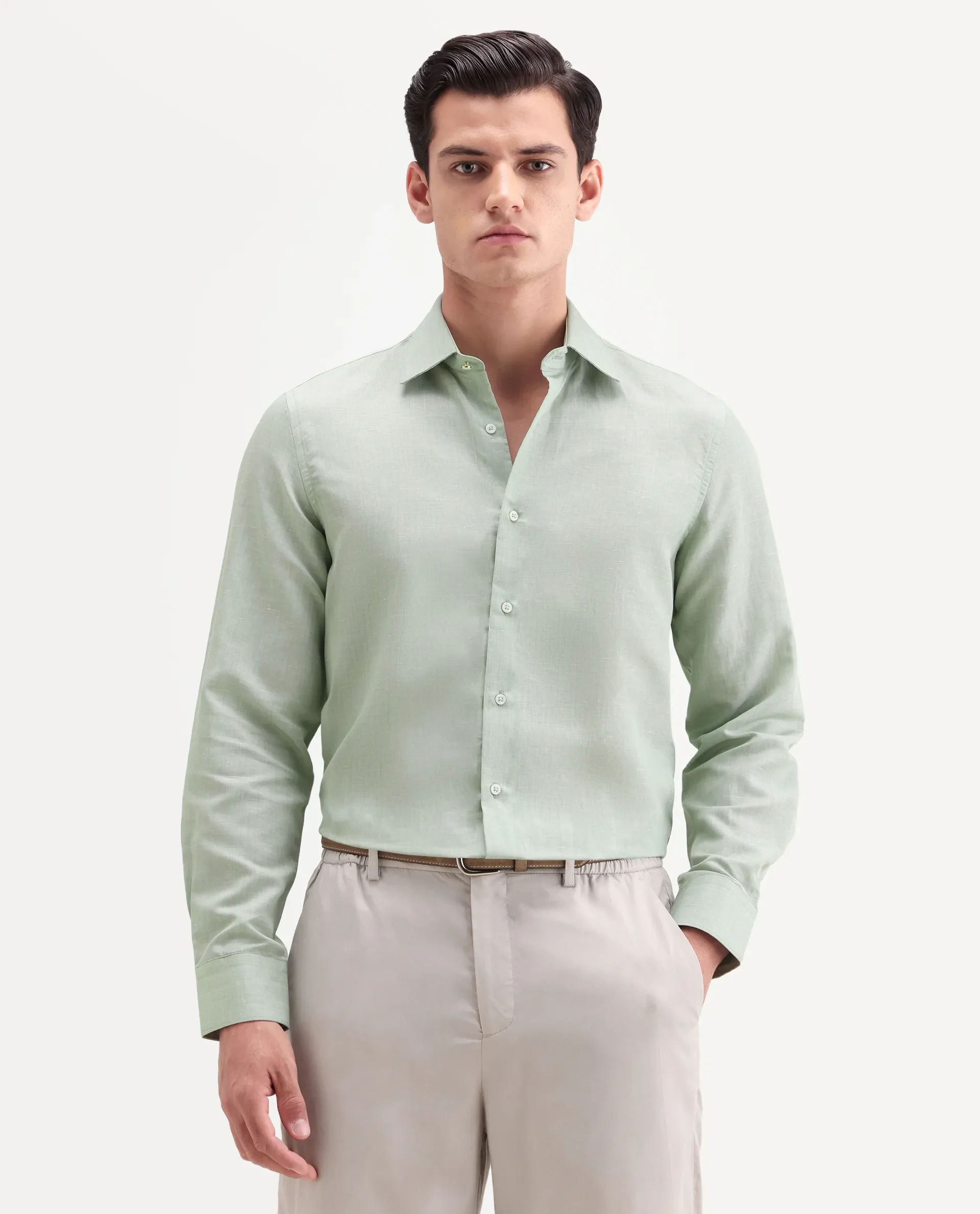 Rare Rabbit Men's Commas Light Green Linen Blend Plain Regular Fit Full Sleeve Collared Shirt - Image 4