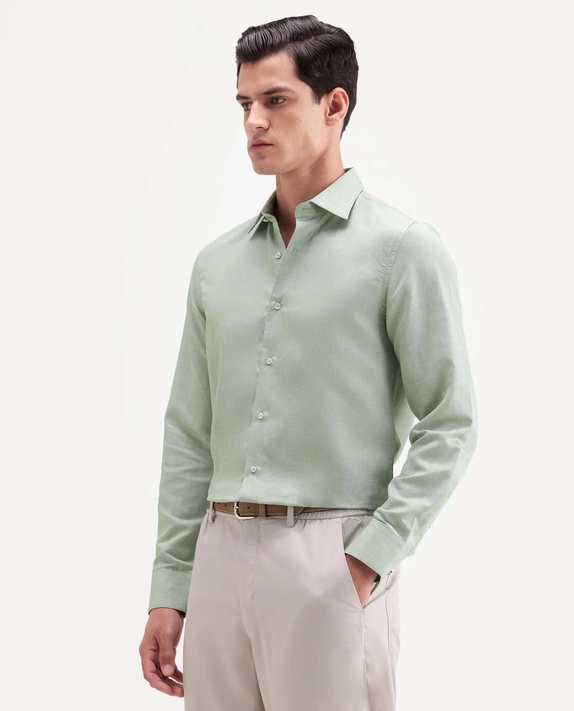 Rare Rabbit Men's Commas Light Green Linen Blend Plain Regular Fit Full Sleeve Collared Shirt - Image 5