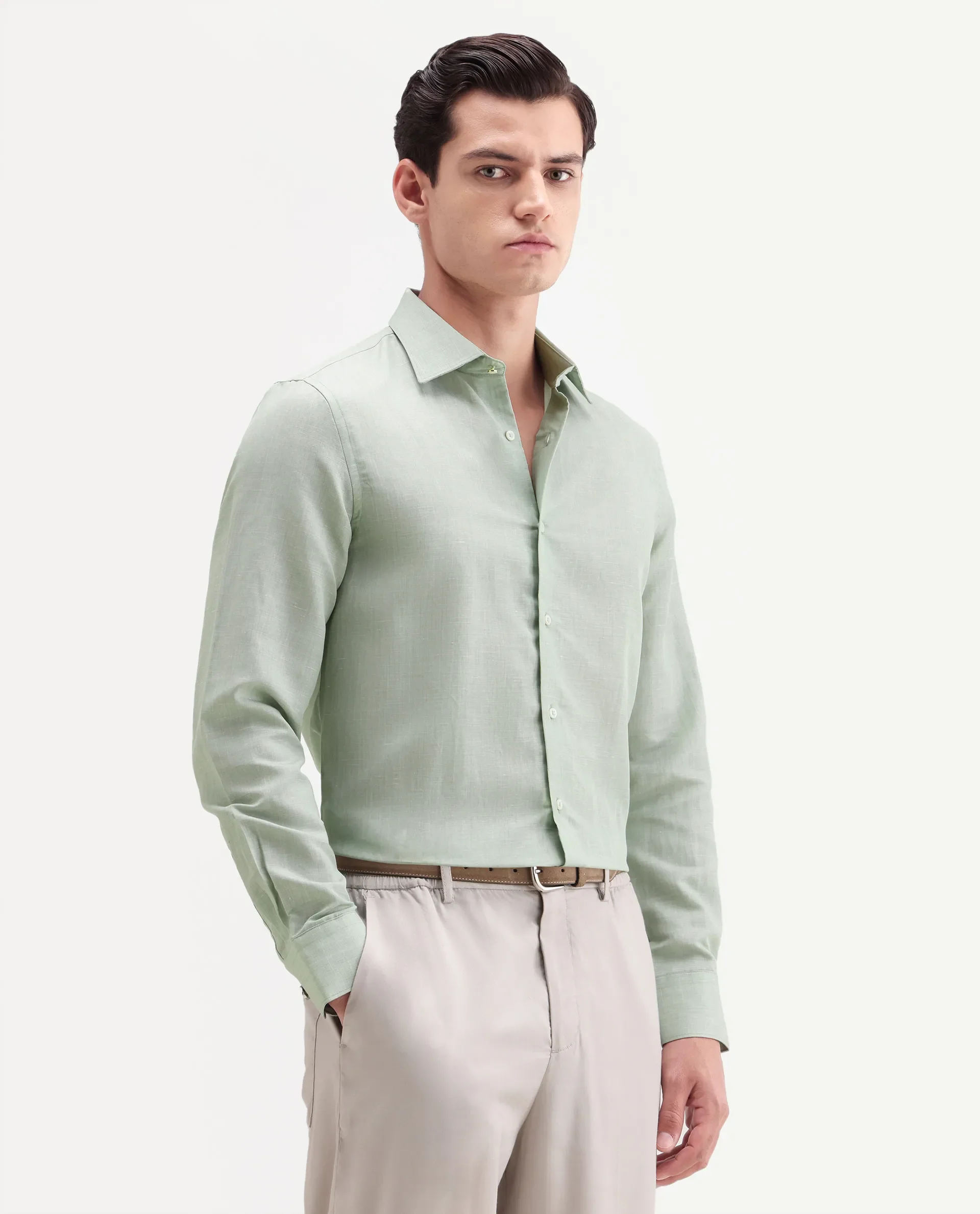 Rare Rabbit Men's Commas Light Green Linen Blend Plain Regular Fit Full Sleeve Collared Shirt - Image 6
