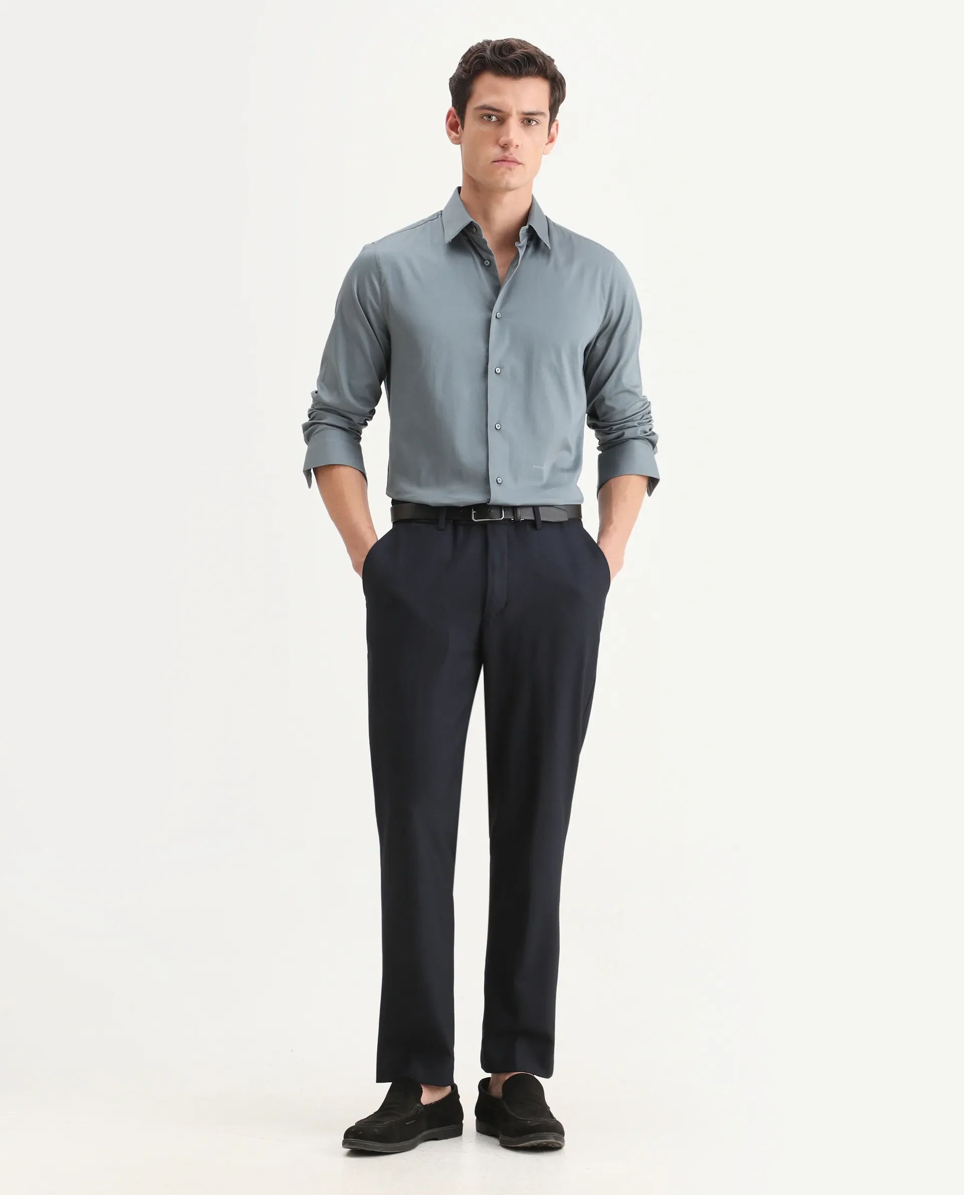Rare Rabbit Men's Como-25 Dusky Blue Cotton Blend Plain Regular Fit Full Sleeve Collared Shirt - Image 2
