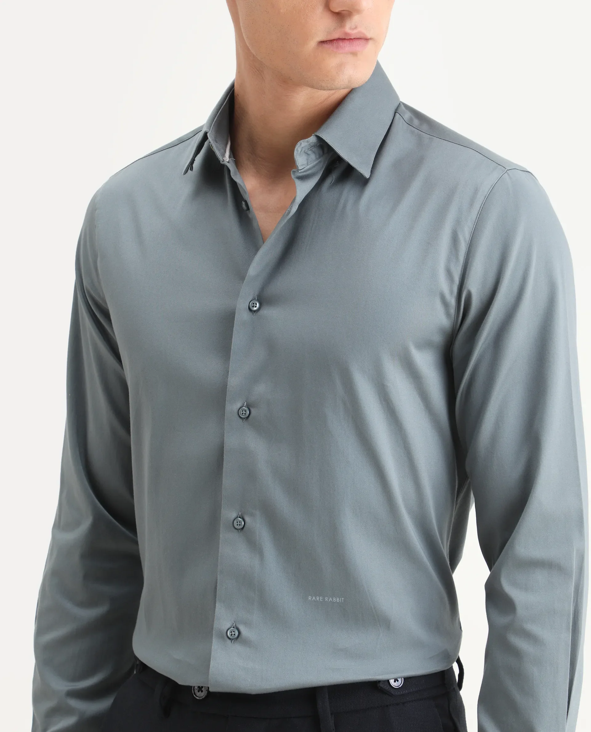 Rare Rabbit Men's Como-25 Dusky Blue Cotton Blend Plain Regular Fit Full Sleeve Collared Shirt - Image 3