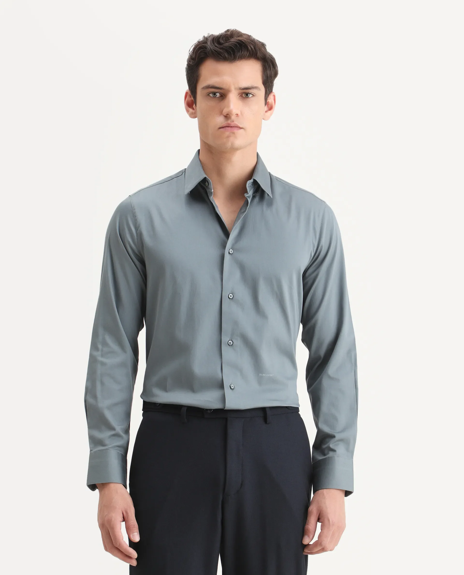 Rare Rabbit Men's Como-25 Dusky Blue Cotton Blend Plain Regular Fit Full Sleeve Collared Shirt - Image 4