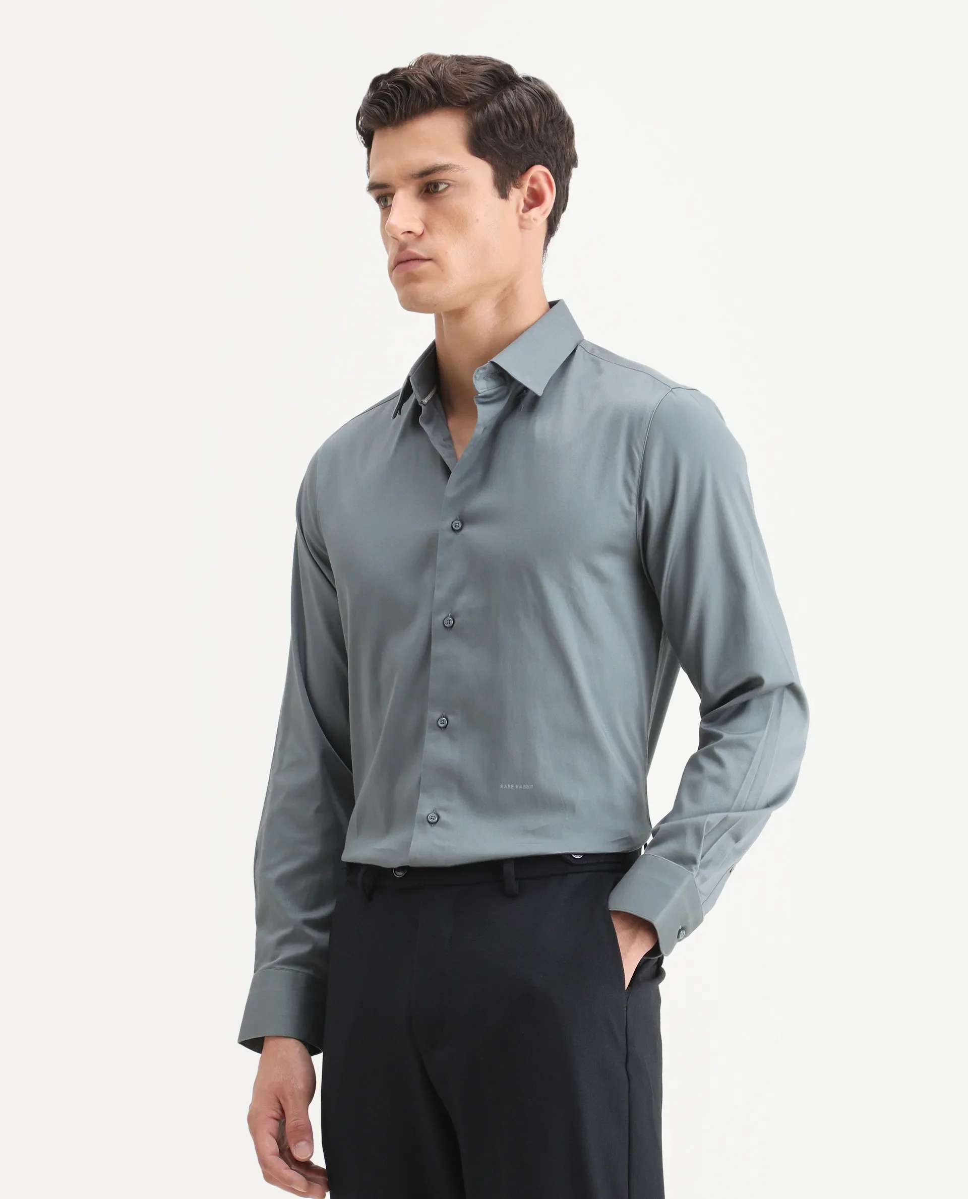 Rare Rabbit Men's Como-25 Dusky Blue Cotton Blend Plain Regular Fit Full Sleeve Collared Shirt - Image 5