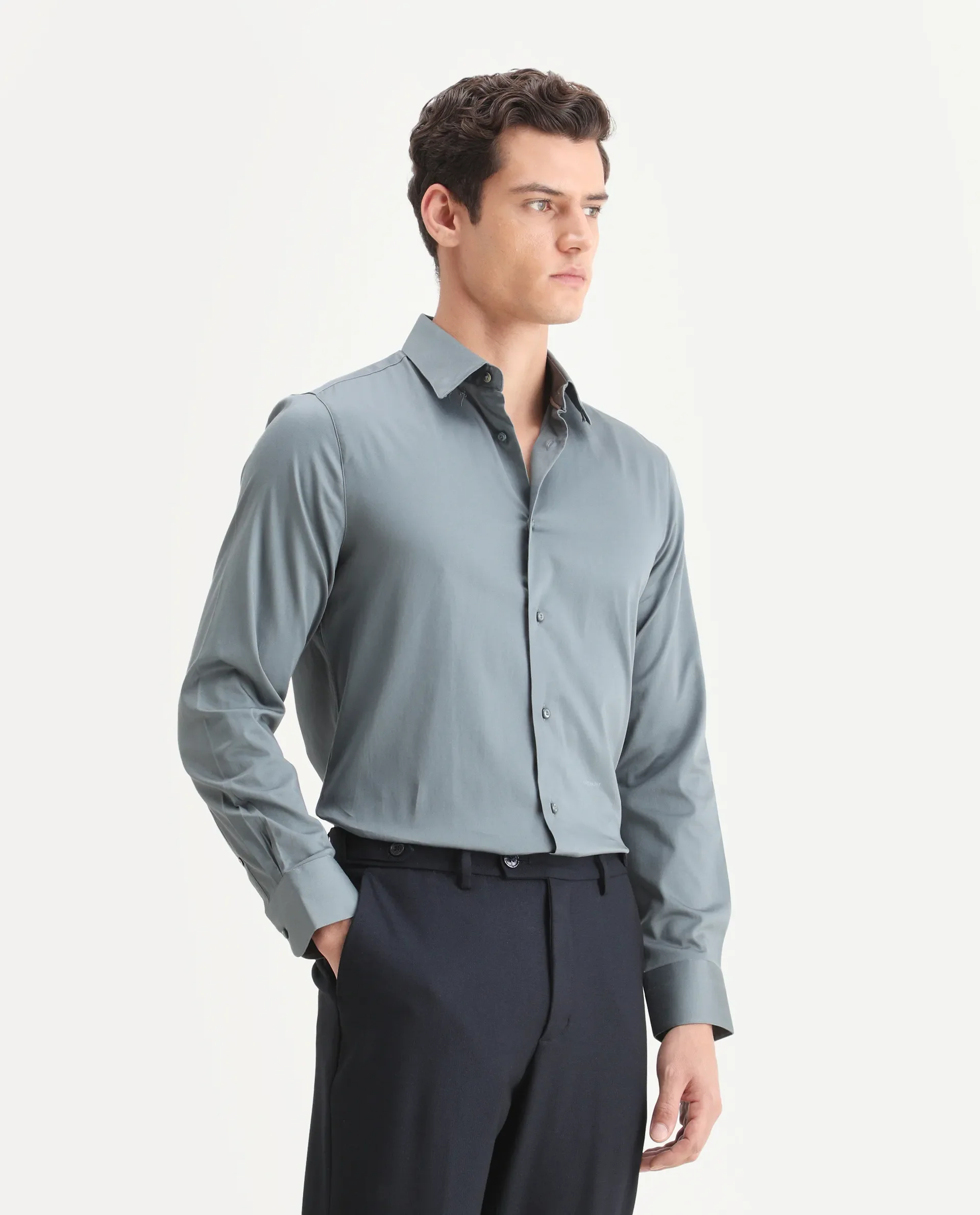 Rare Rabbit Men's Como-25 Dusky Blue Cotton Blend Plain Regular Fit Full Sleeve Collared Shirt - Image 6