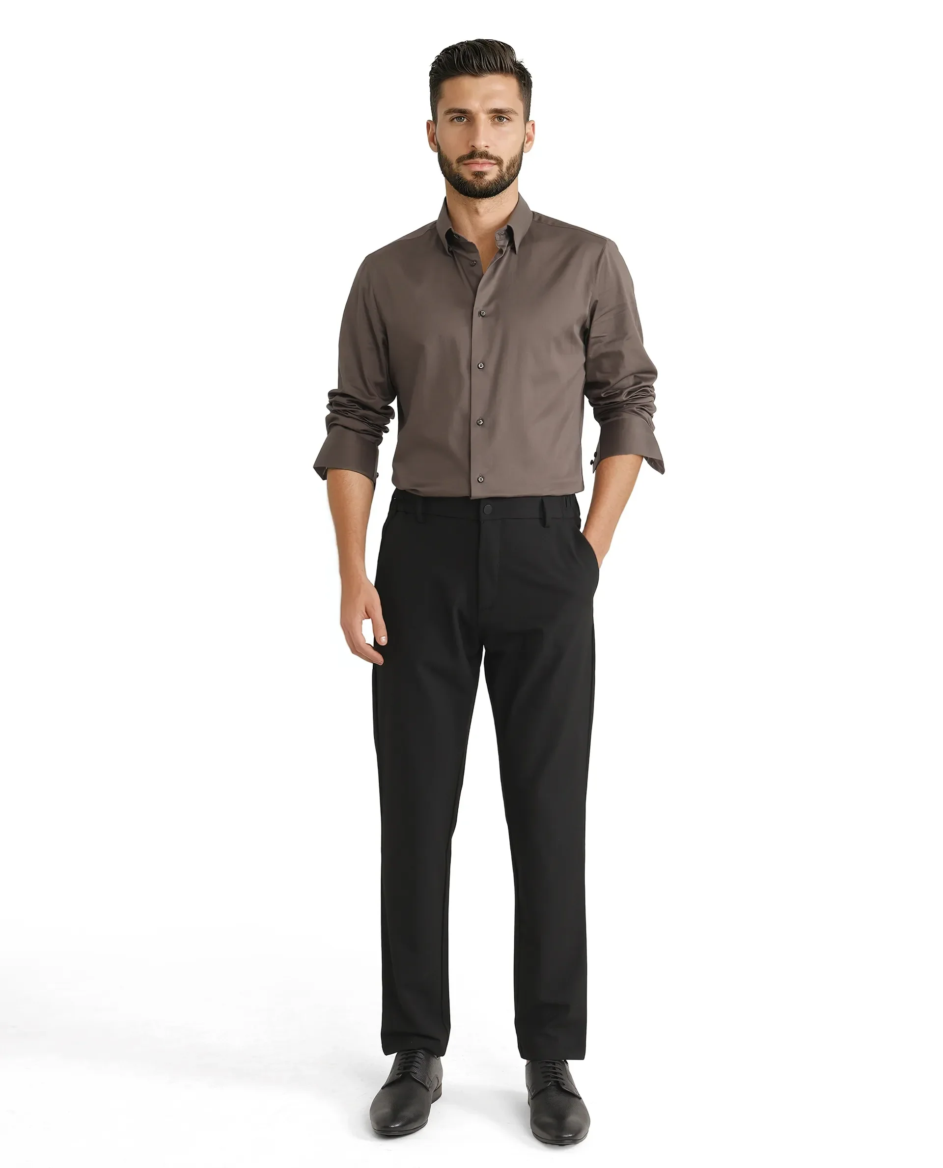 Rare Rabbit Men's Como 25 Dusky Olive Cotton Blend Plain Regular Fit Full Sleeve Collared Shirt - Image 2