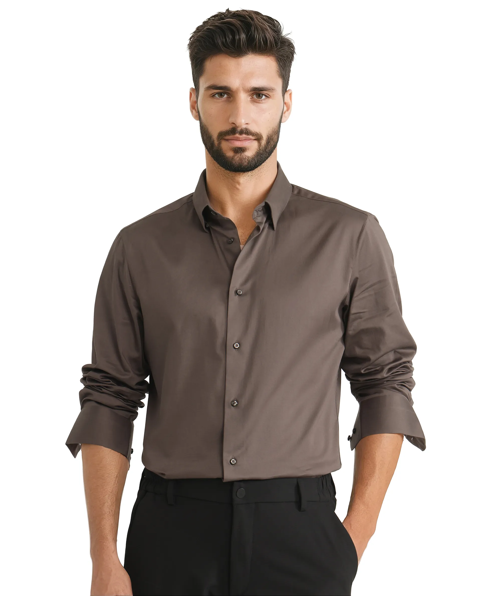 Rare Rabbit Men's Como 25 Dusky Olive Cotton Blend Plain Regular Fit Full Sleeve Collared Shirt - Image 5