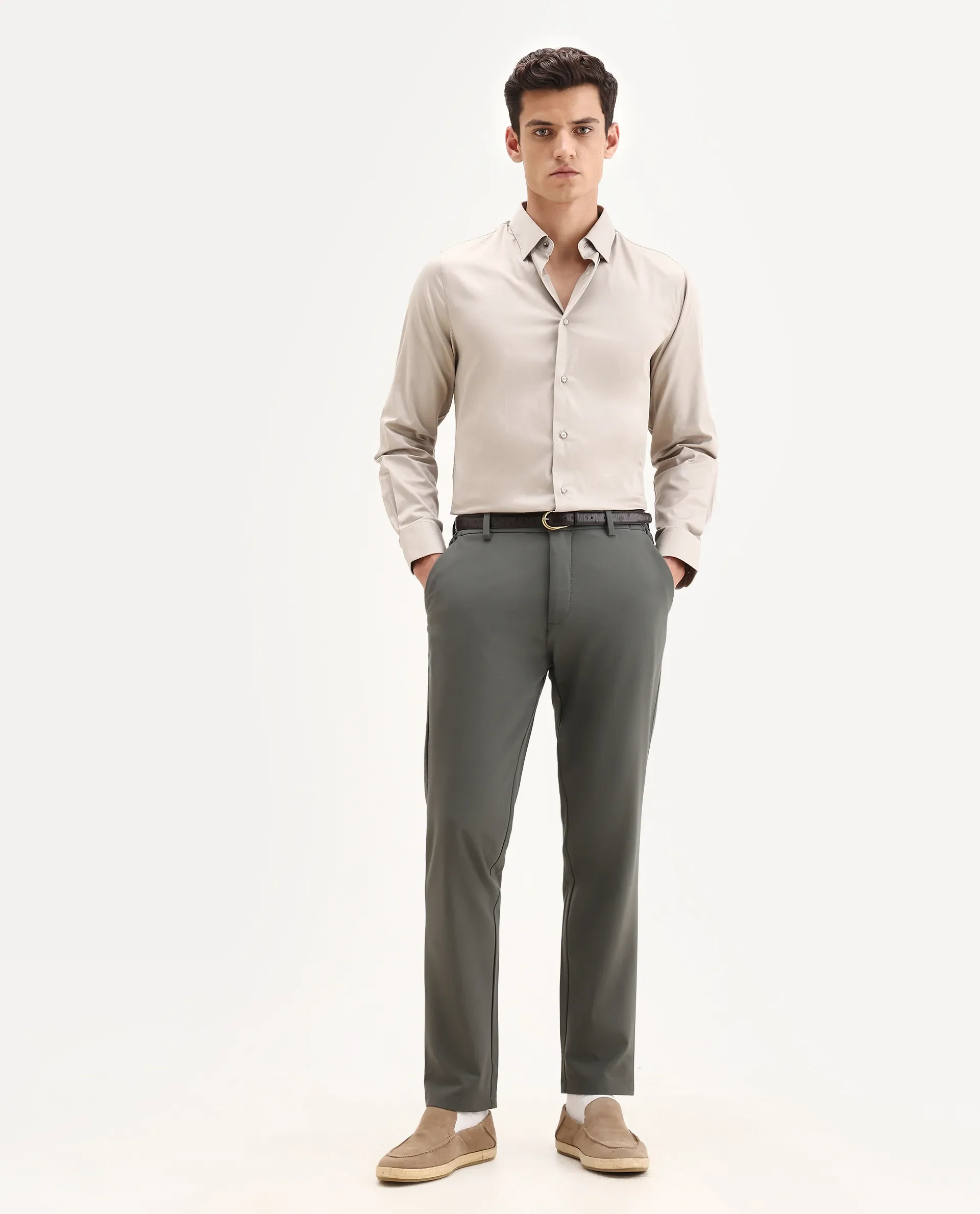 Rare Rabbit Men's Como-25 Light Beige Cotton Blend Plain Regular Fit Full Sleeve Collared Shirt - Image 2