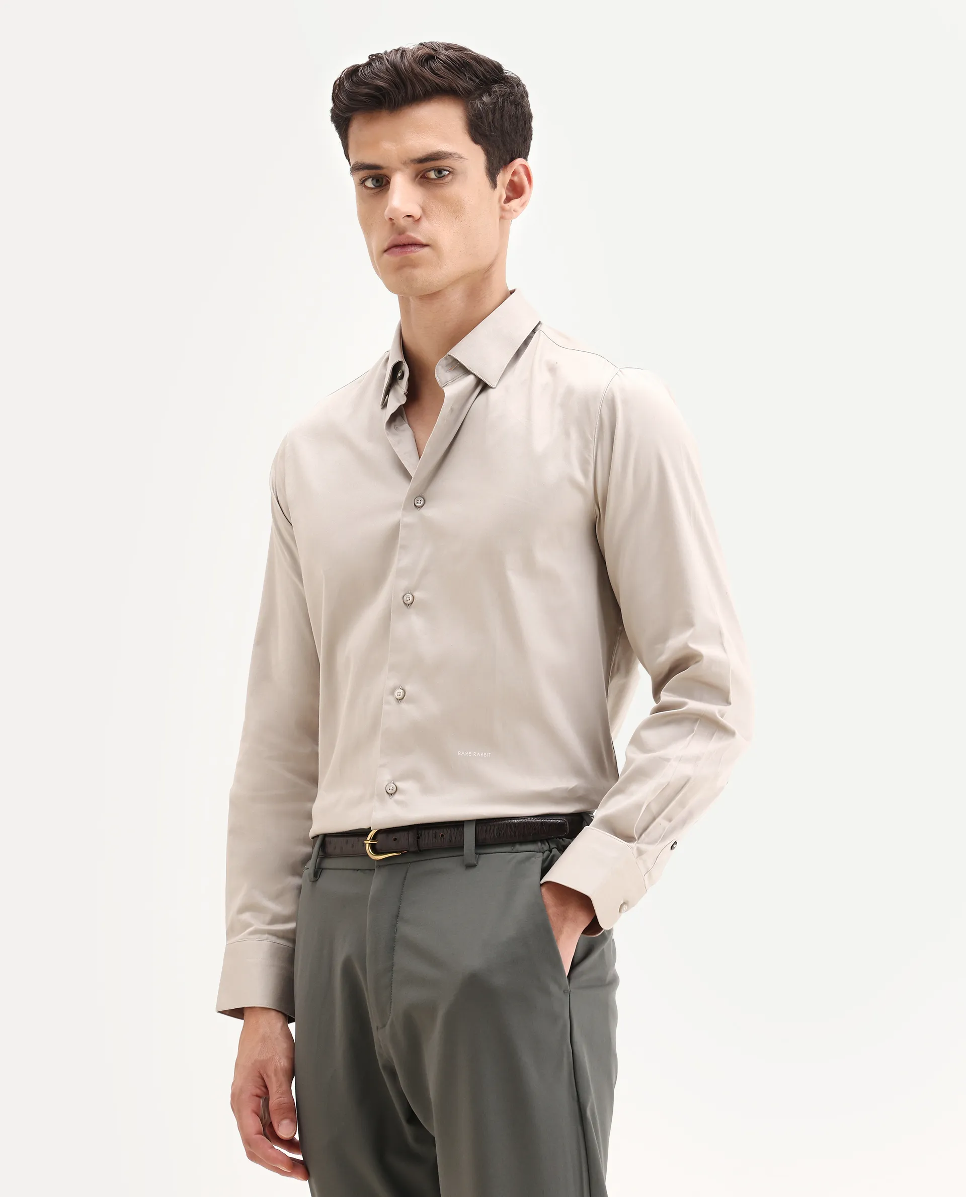 Rare Rabbit Men's Como-25 Light Beige Cotton Blend Plain Regular Fit Full Sleeve Collared Shirt - Image 5