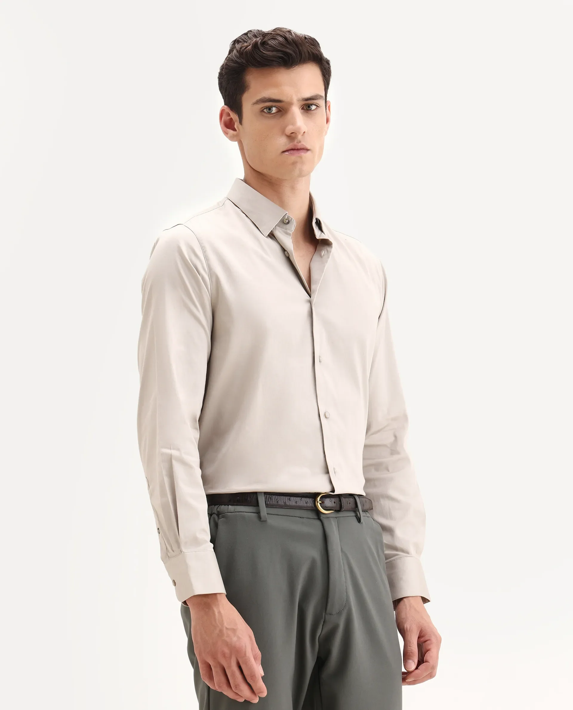 Rare Rabbit Men's Como-25 Light Beige Cotton Blend Plain Regular Fit Full Sleeve Collared Shirt - Image 6