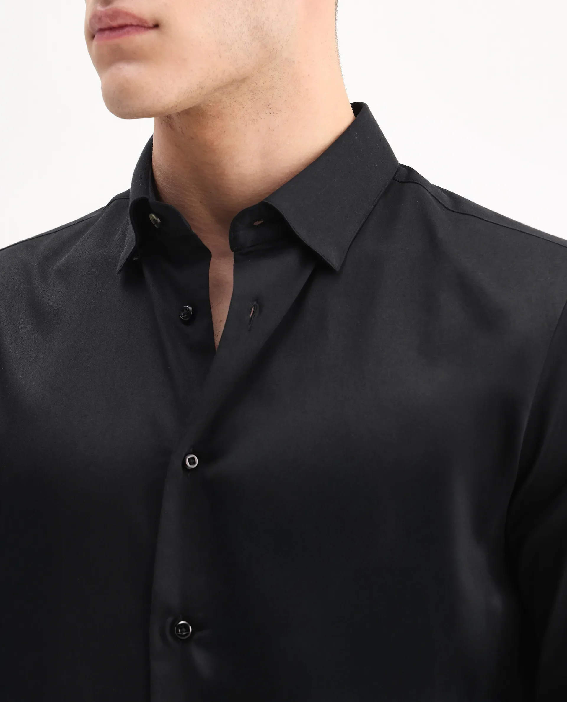Rare Rabbit Men's Como-26 Black Satin Plain Regular Fit Full Sleeve Collared Shirt - Image 3