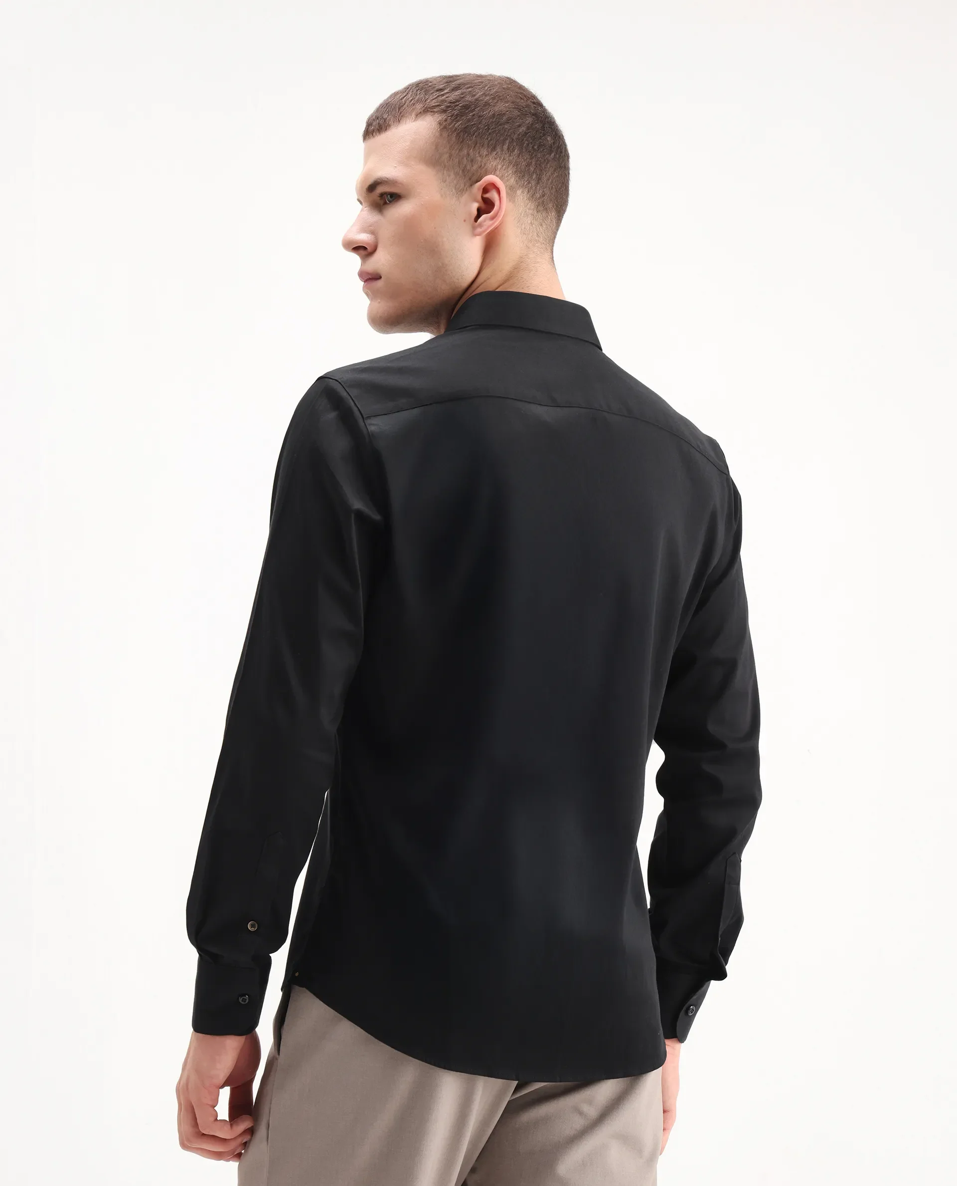 Rare Rabbit Men's Como-26 Black Satin Plain Regular Fit Full Sleeve Collared Shirt - Image 4