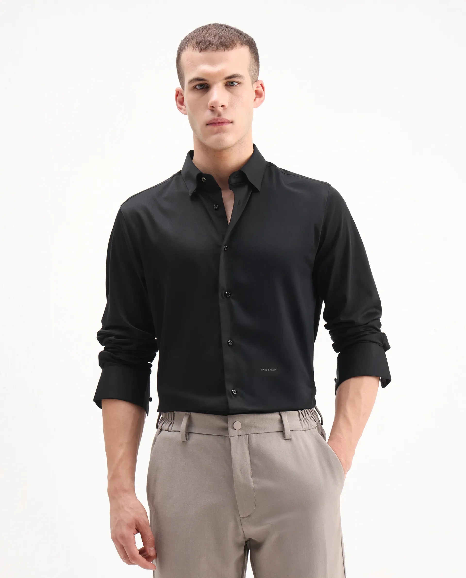 Rare Rabbit Men's Como-26 Black Satin Plain Regular Fit Full Sleeve Collared Shirt - Image 5