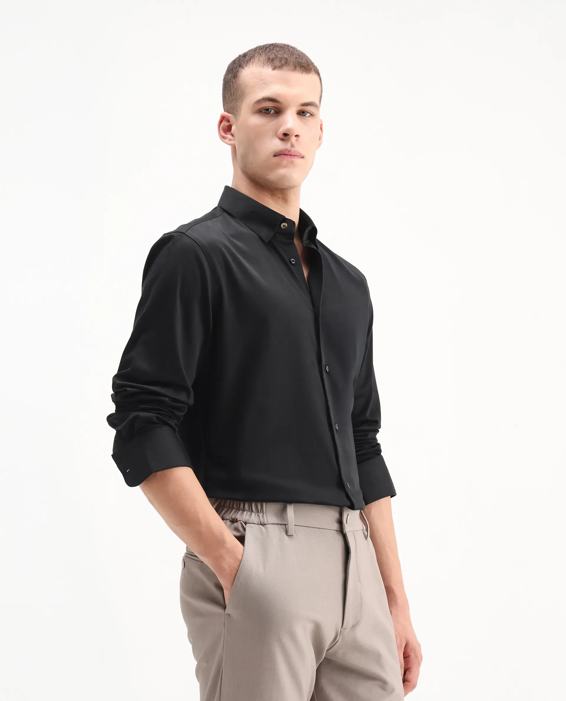 Rare Rabbit Men's Como-26 Black Satin Plain Regular Fit Full Sleeve Collared Shirt - Image 7