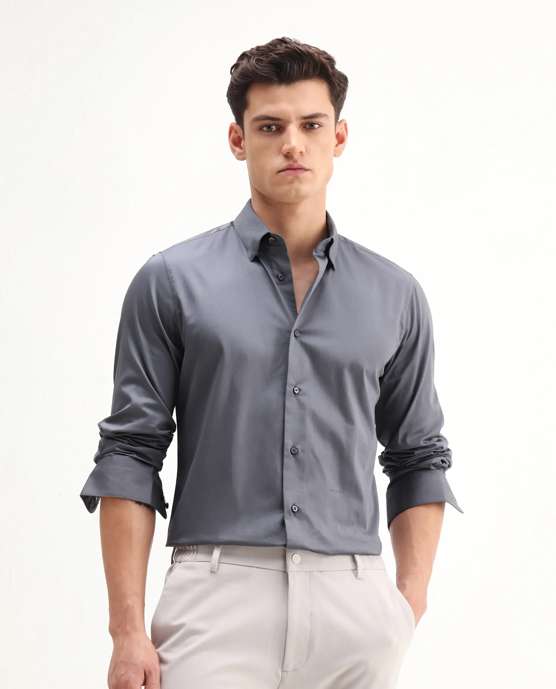 Rare Rabbit Men's Como-26 Dusky Blue Satin Plain Regular Fit Full Sleeve Collared Shirt - Image 4