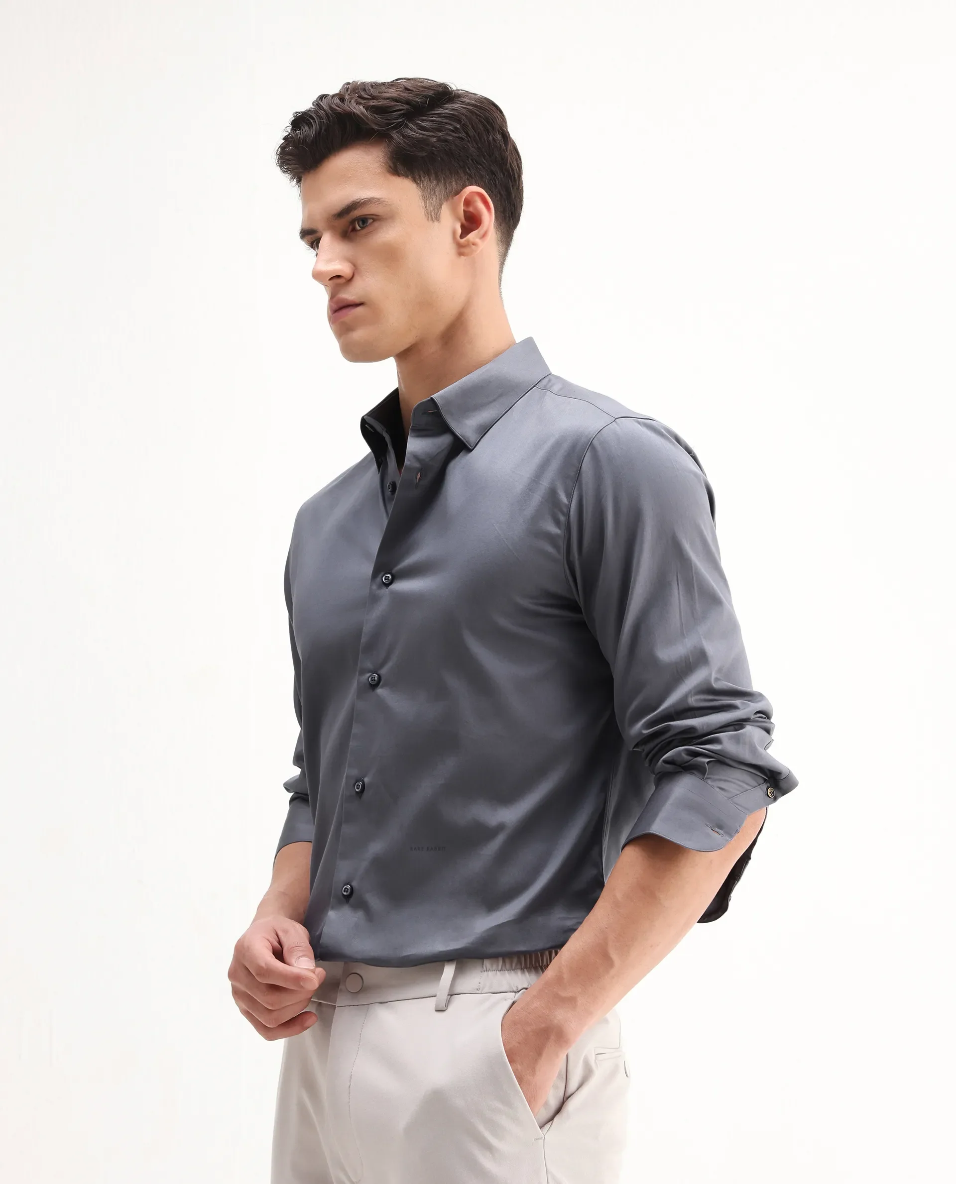 Rare Rabbit Men's Como-26 Dusky Blue Satin Plain Regular Fit Full Sleeve Collared Shirt - Image 5