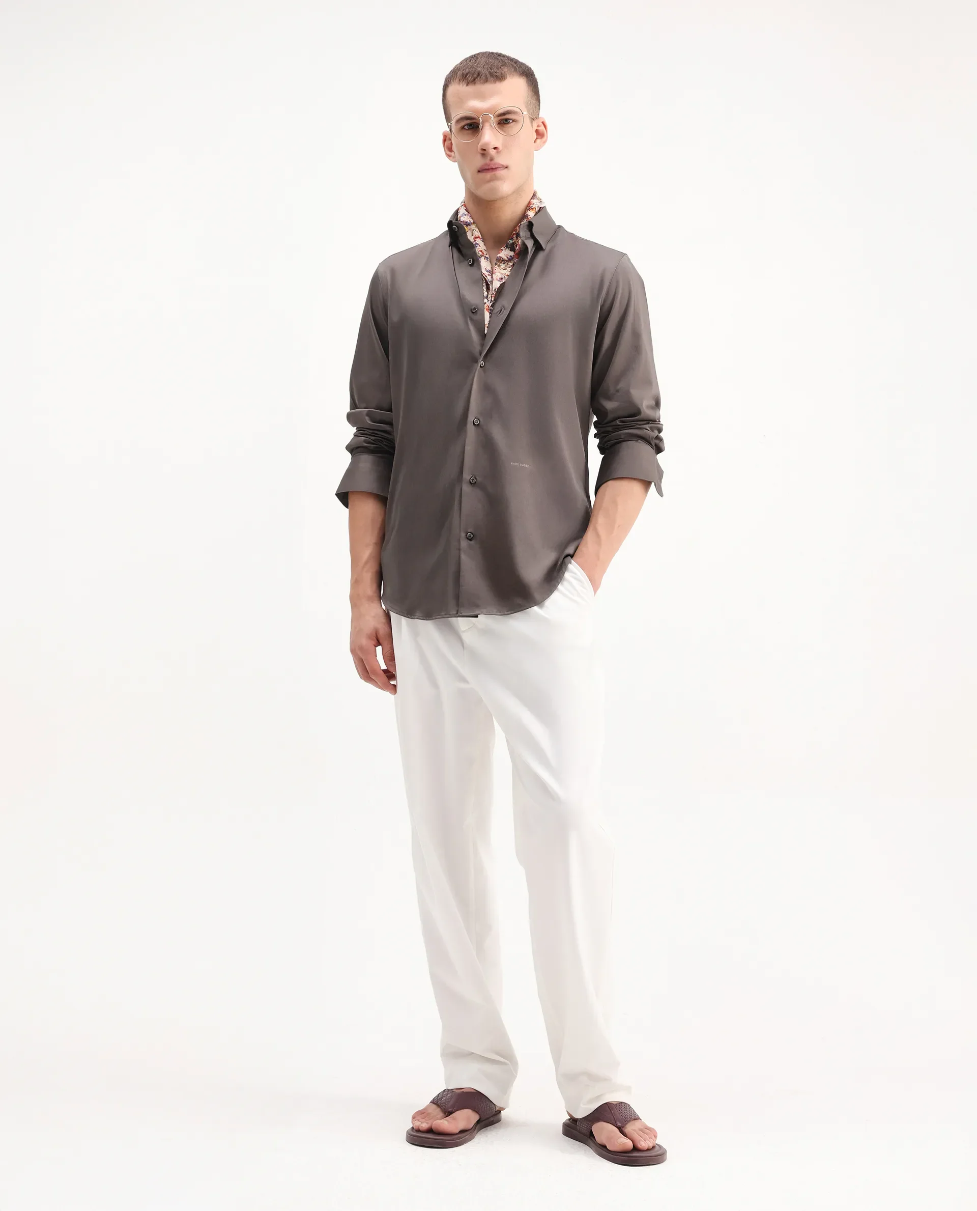 Rare Rabbit Men's Como-26 Dusky Brown Satin Plain Regular Fit Full Sleeve Collared Shirt - Image 2