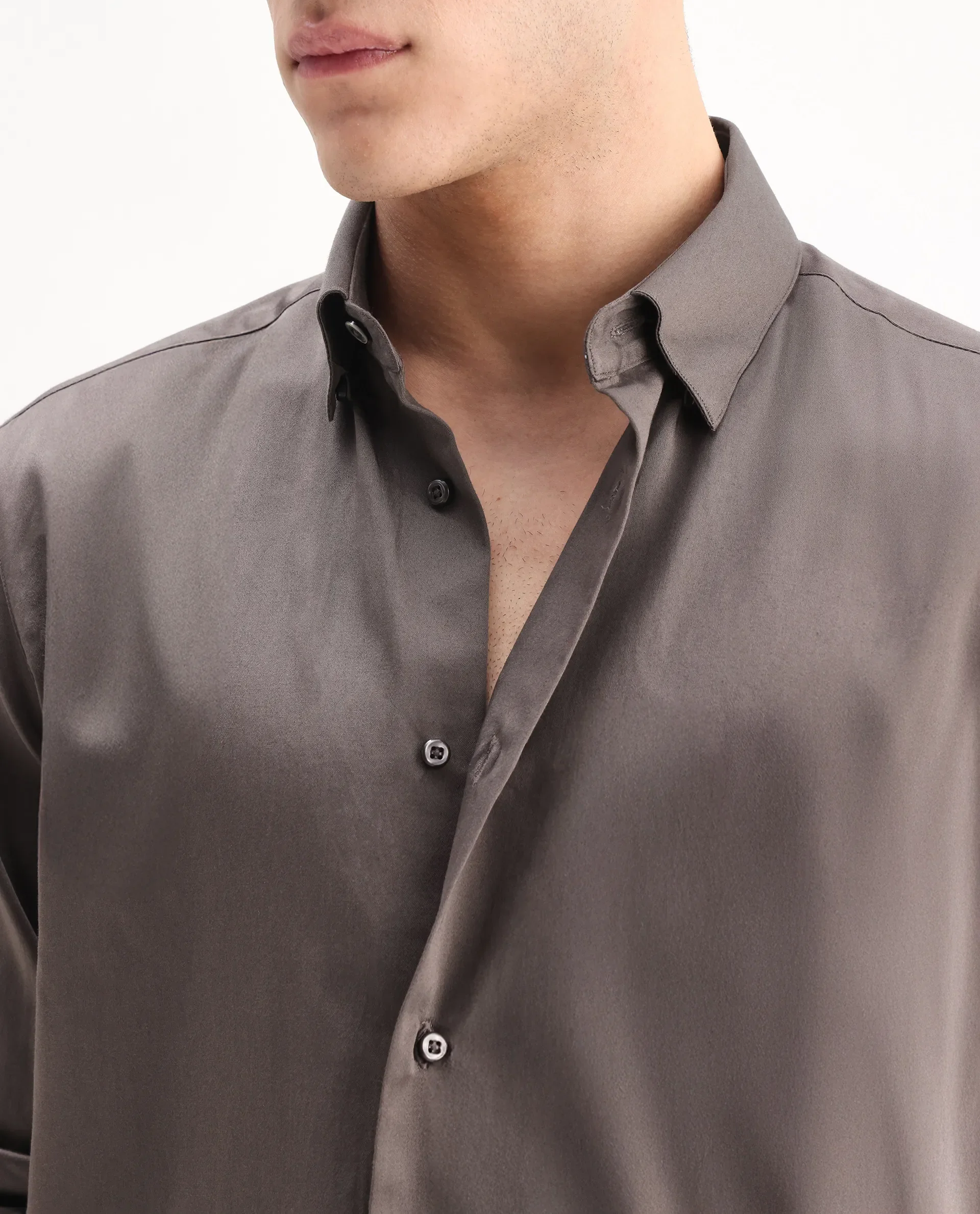 Rare Rabbit Men's Como-26 Dusky Brown Satin Plain Regular Fit Full Sleeve Collared Shirt - Image 3