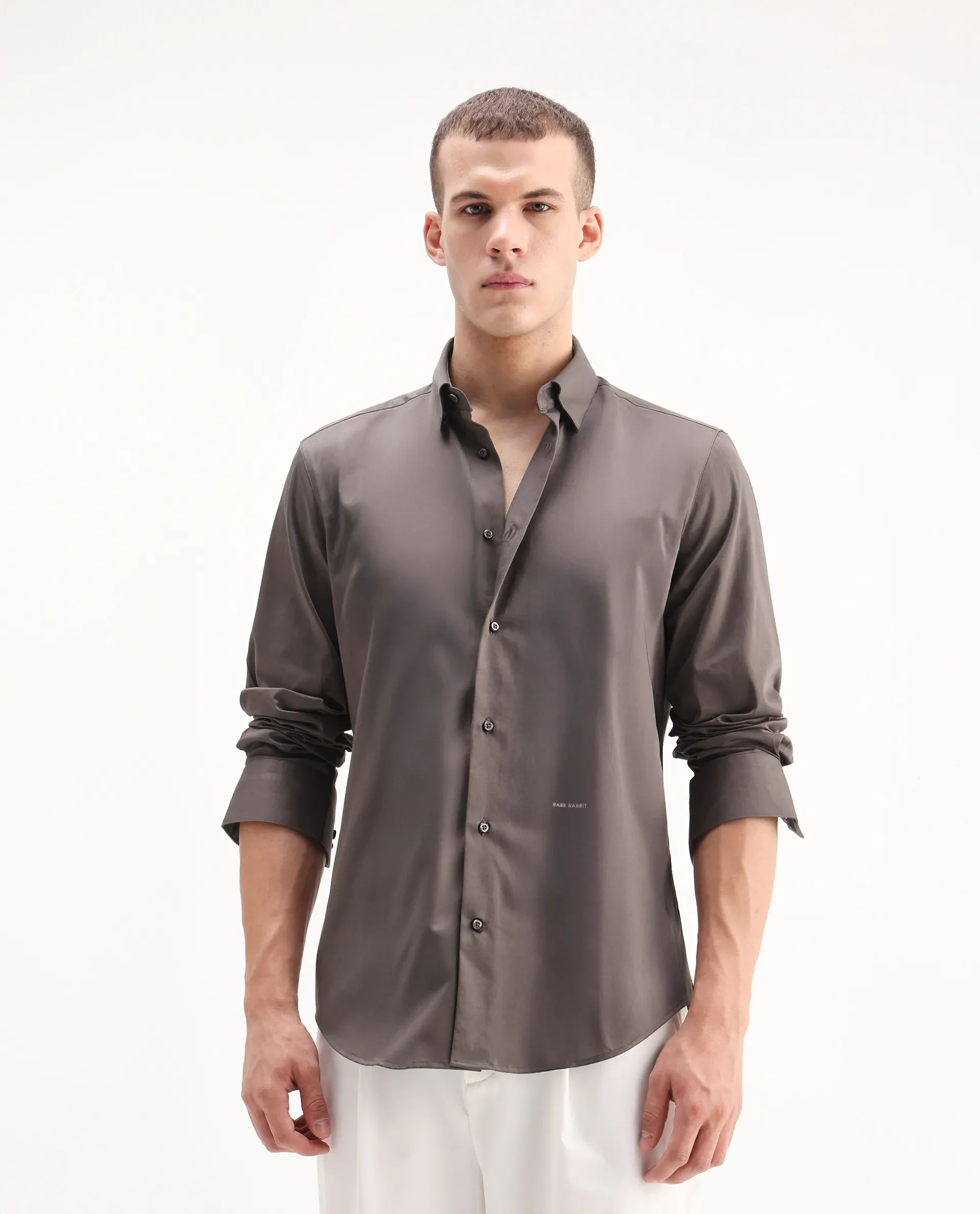 Rare Rabbit Men's Como-26 Dusky Brown Satin Plain Regular Fit Full Sleeve Collared Shirt - Image 4