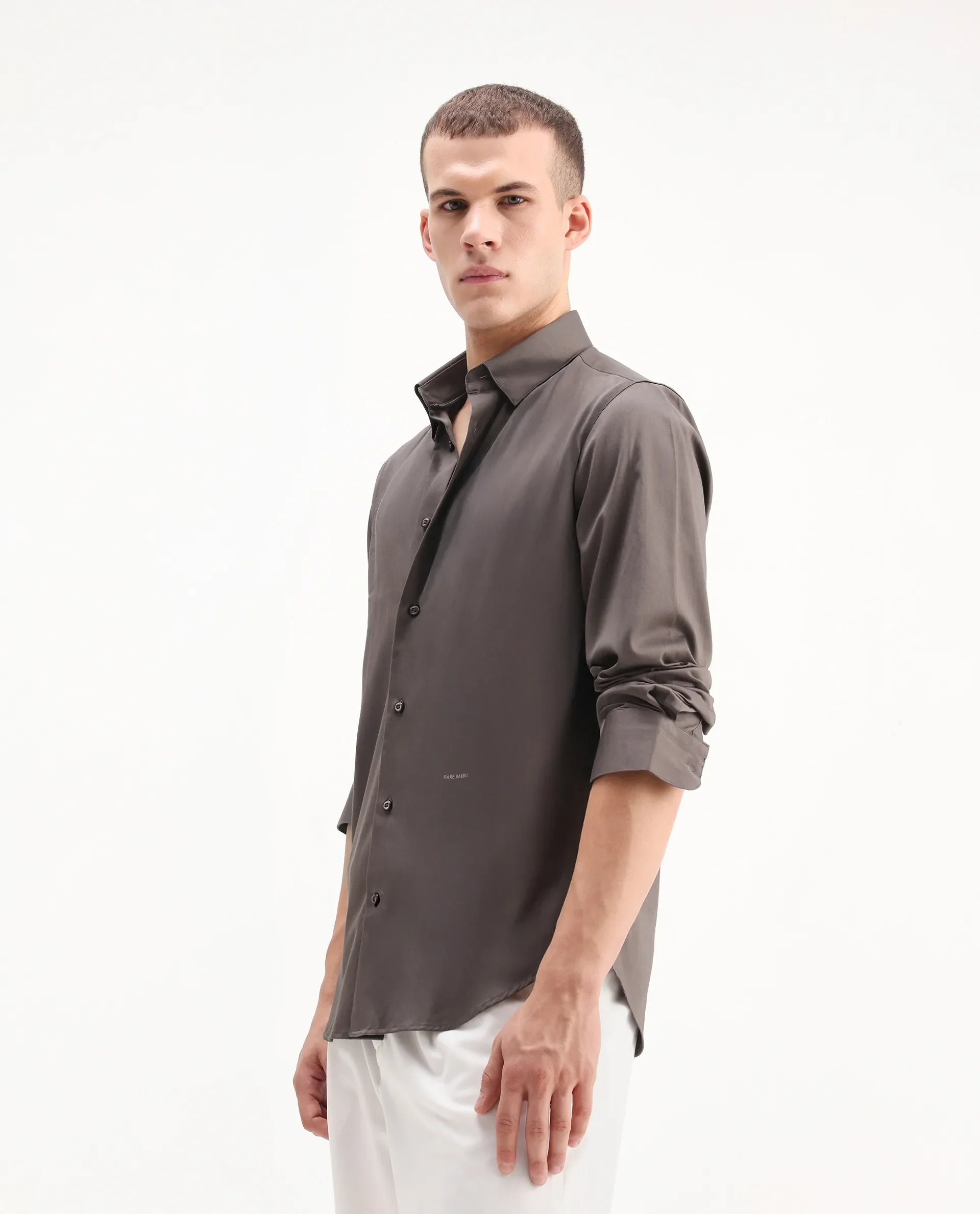 Rare Rabbit Men's Como-26 Dusky Brown Satin Plain Regular Fit Full Sleeve Collared Shirt - Image 5